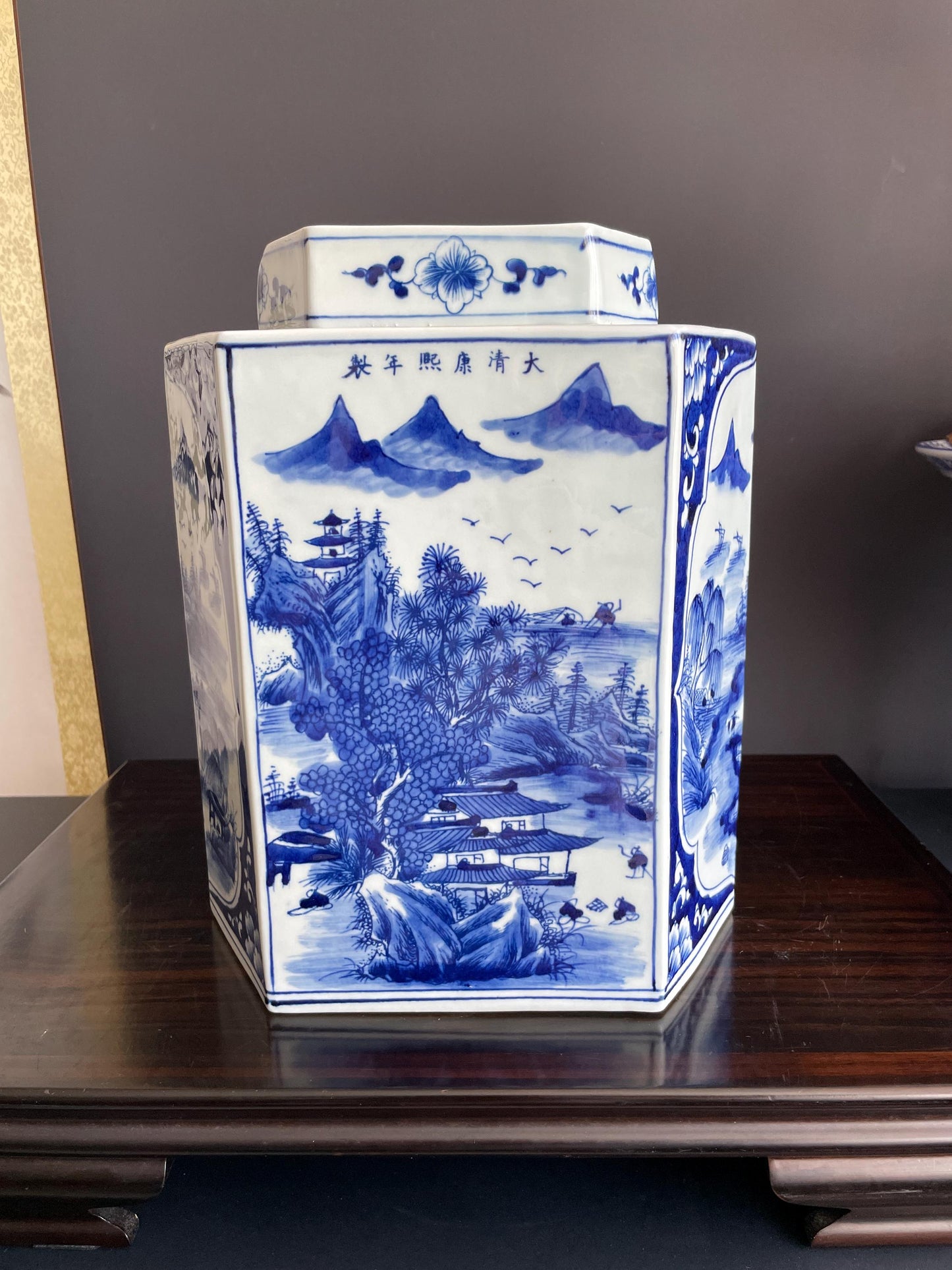 Hand Painted Blue & White Hexagon Porcelain Vase with Lid | Six Sided Xiang Qi Hand Pressed Ceramic Jar | Chinoiserie Decor Vessel
