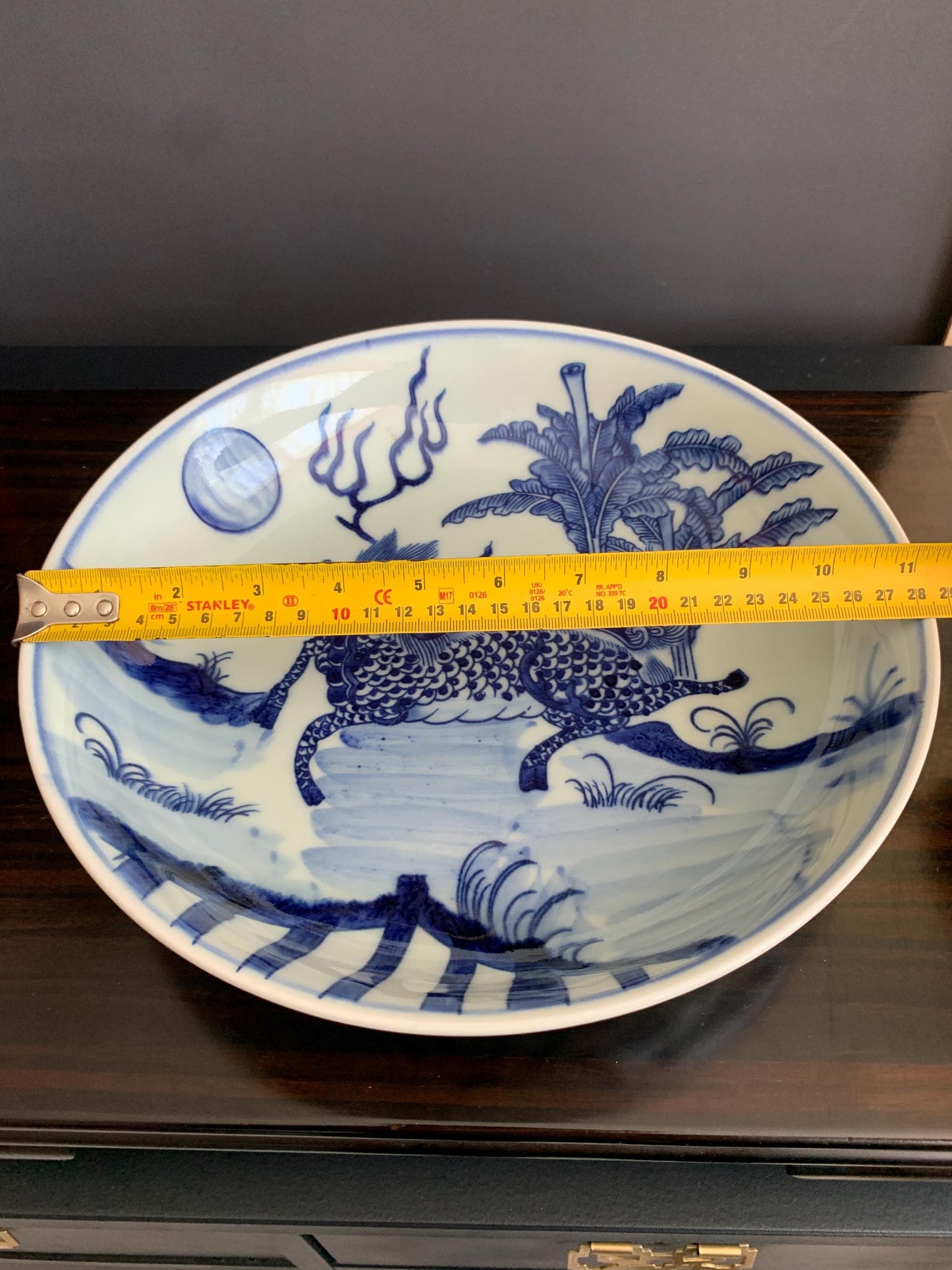 Blue and White Porcelain Display Plate with Stand Chinoiserie Qilin Charger Kirin Mythical Beast Traditional Ceramic Oriental Cabinet Decor
