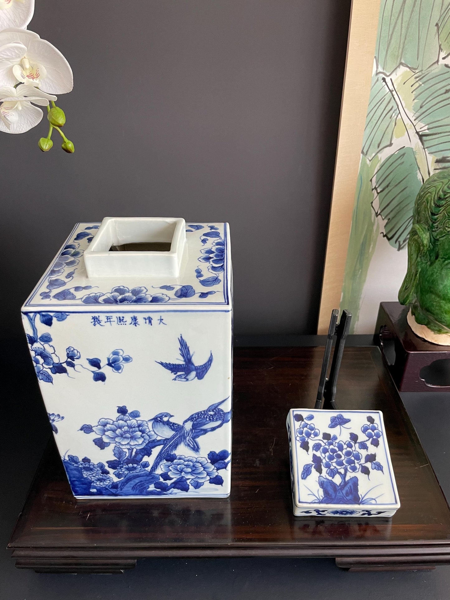 Hand-Painted Blue & White Xiang Qi Square Porcelain Vessel | Imperial Kangxi Style Continuous Panoramic Garden Scroll (~30cm)