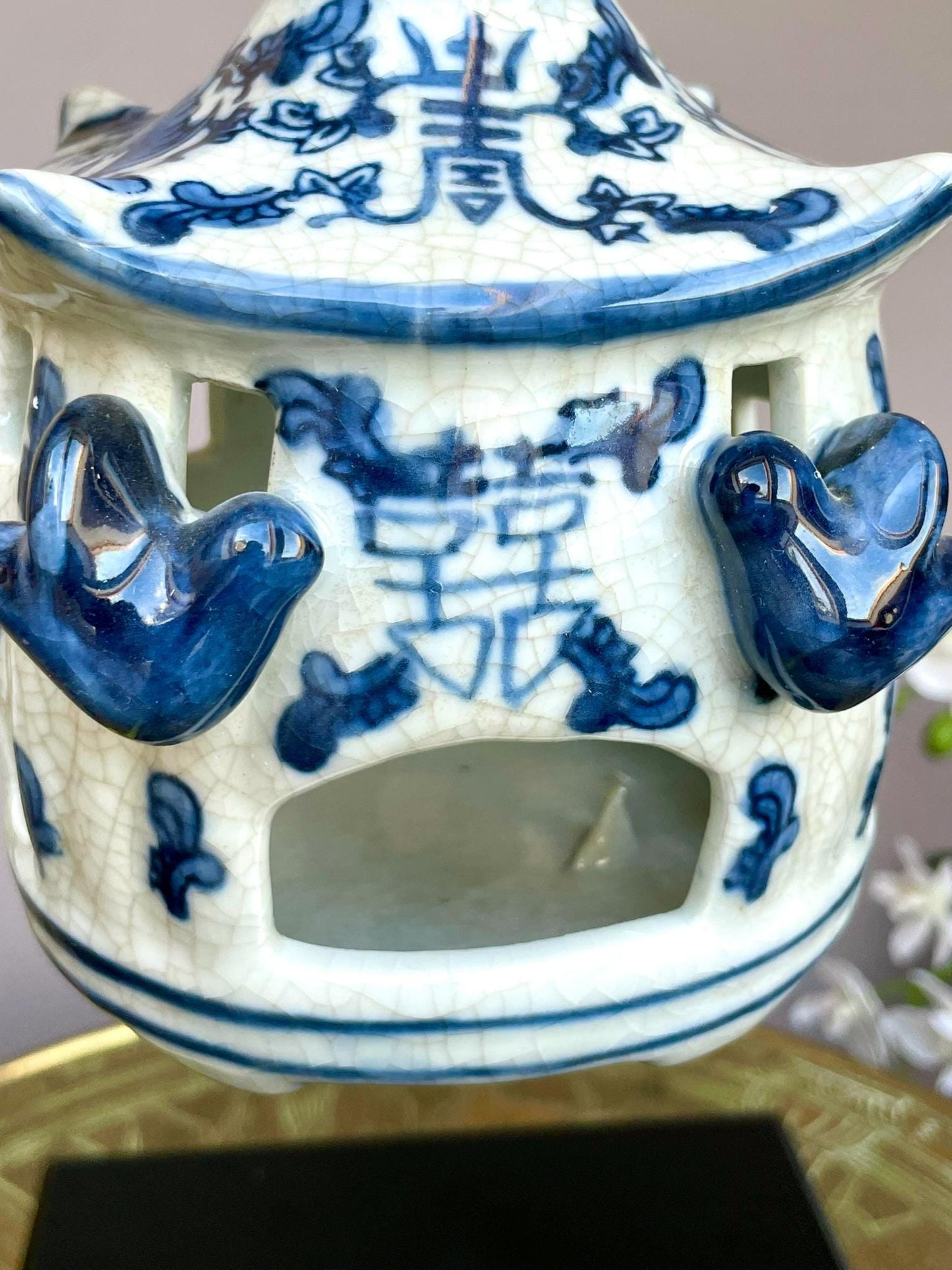 Blue & White Hanging Candle Holder | Crackle Glaze Porcelain Lantern | Handcrafted Ceramic Candle House | Hanging Tealight Holder Decor