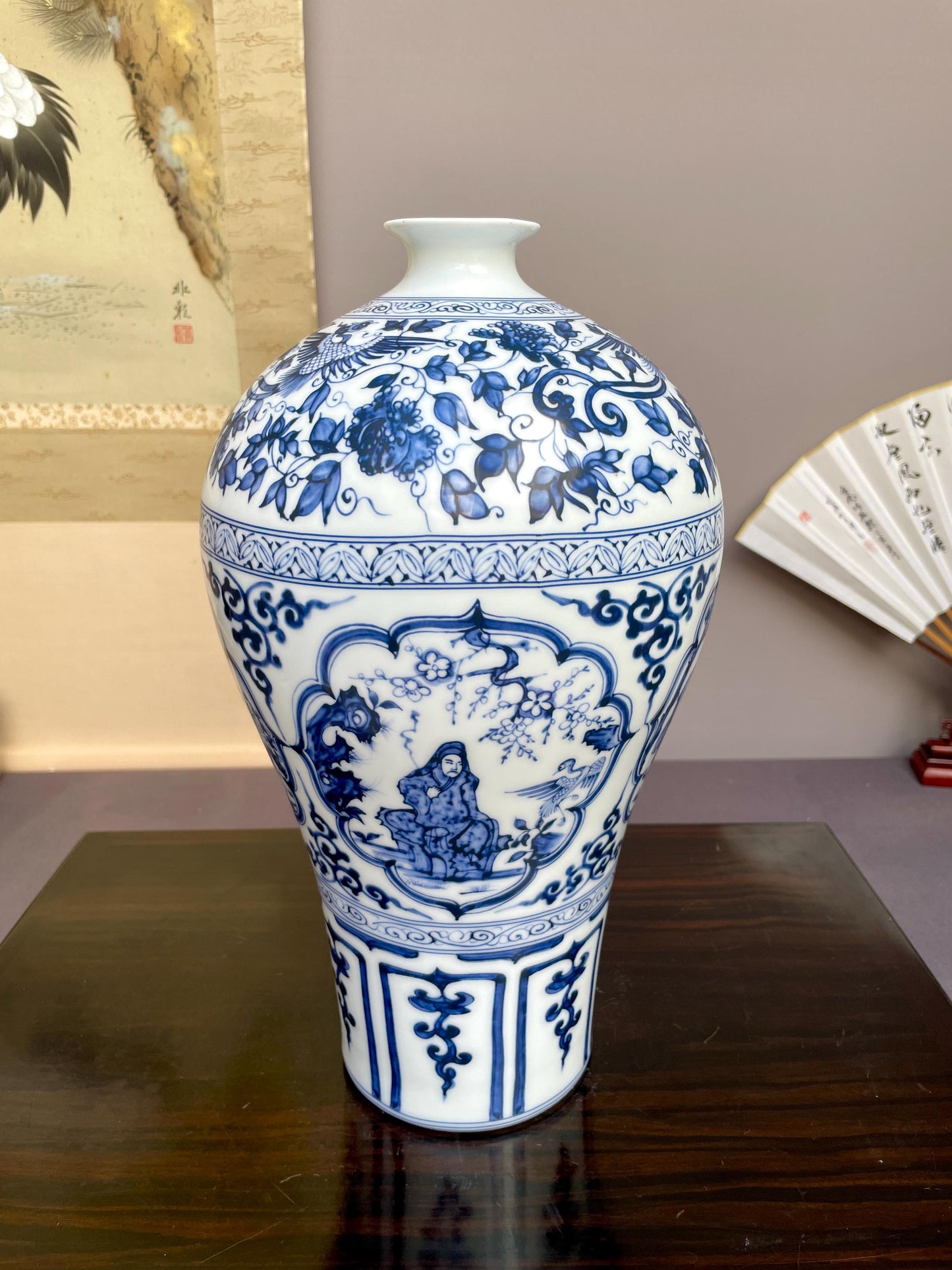 Hand Painted Blue and White Meiping Vase Porcelain Plum Vase Ceramic Chinoiserie Figural Motif Luxury Oriental Art Fine Pottery Centerpiece