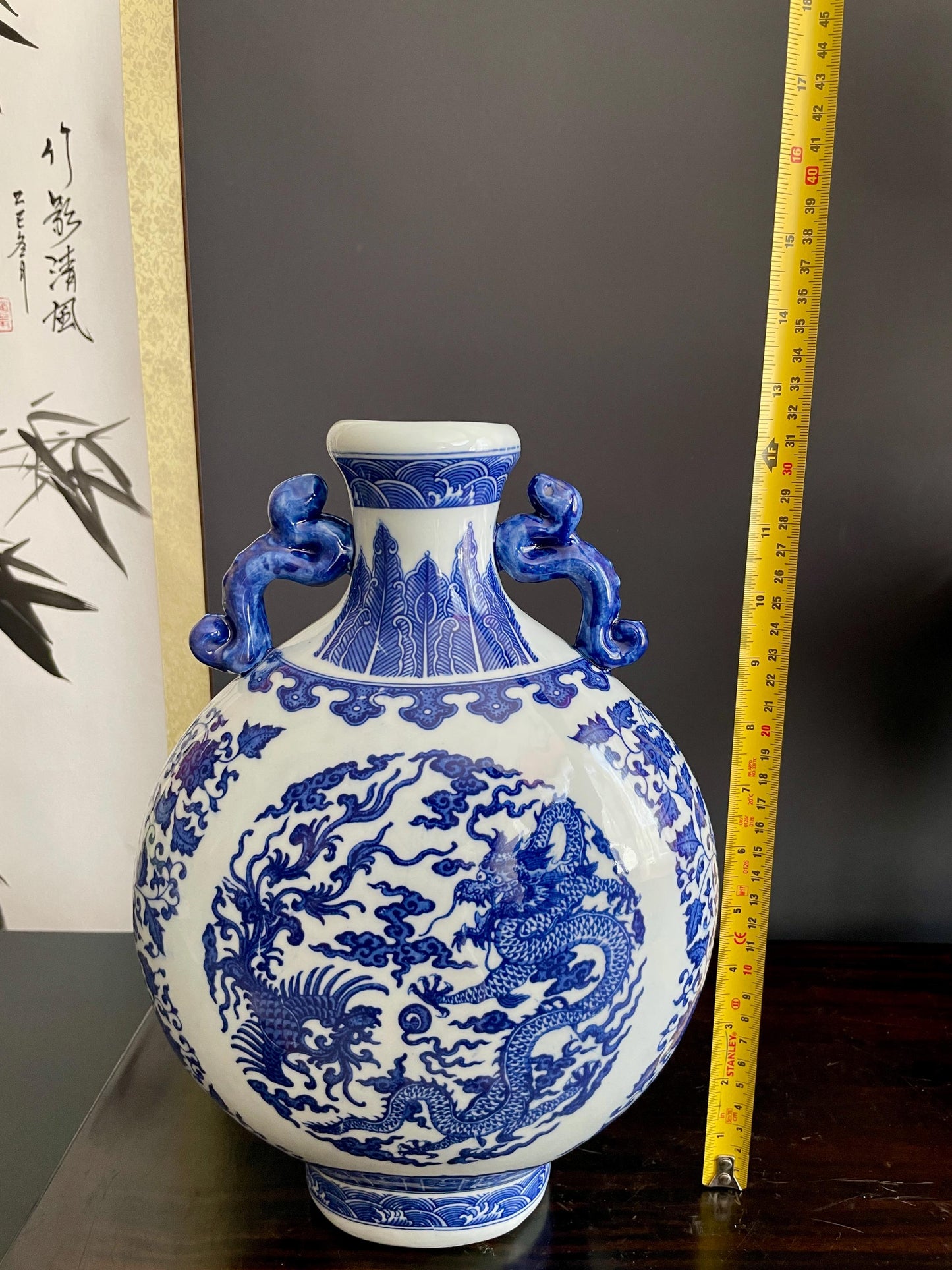 Hand Crafted Blue & White Moonflask Vase with Handles | 31cm Dragon Phoenix Porcelain Vessel Large Chinoiserie Collector Pottery