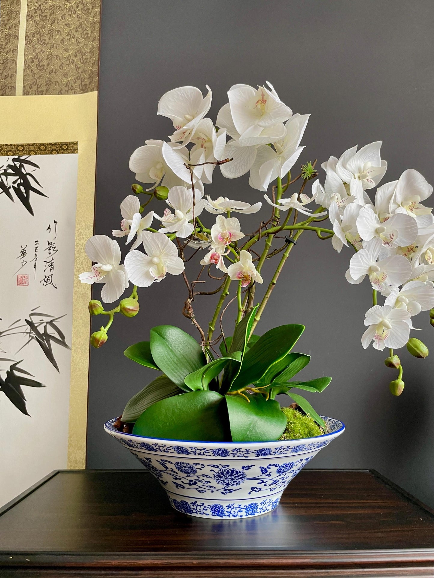 Hand Crafted Blue and White Porcelain Planter Bowl | Wide Chinese Lotus Vine Ceramic Pot | Chinoiserie Decorative Orchid Planter Basin