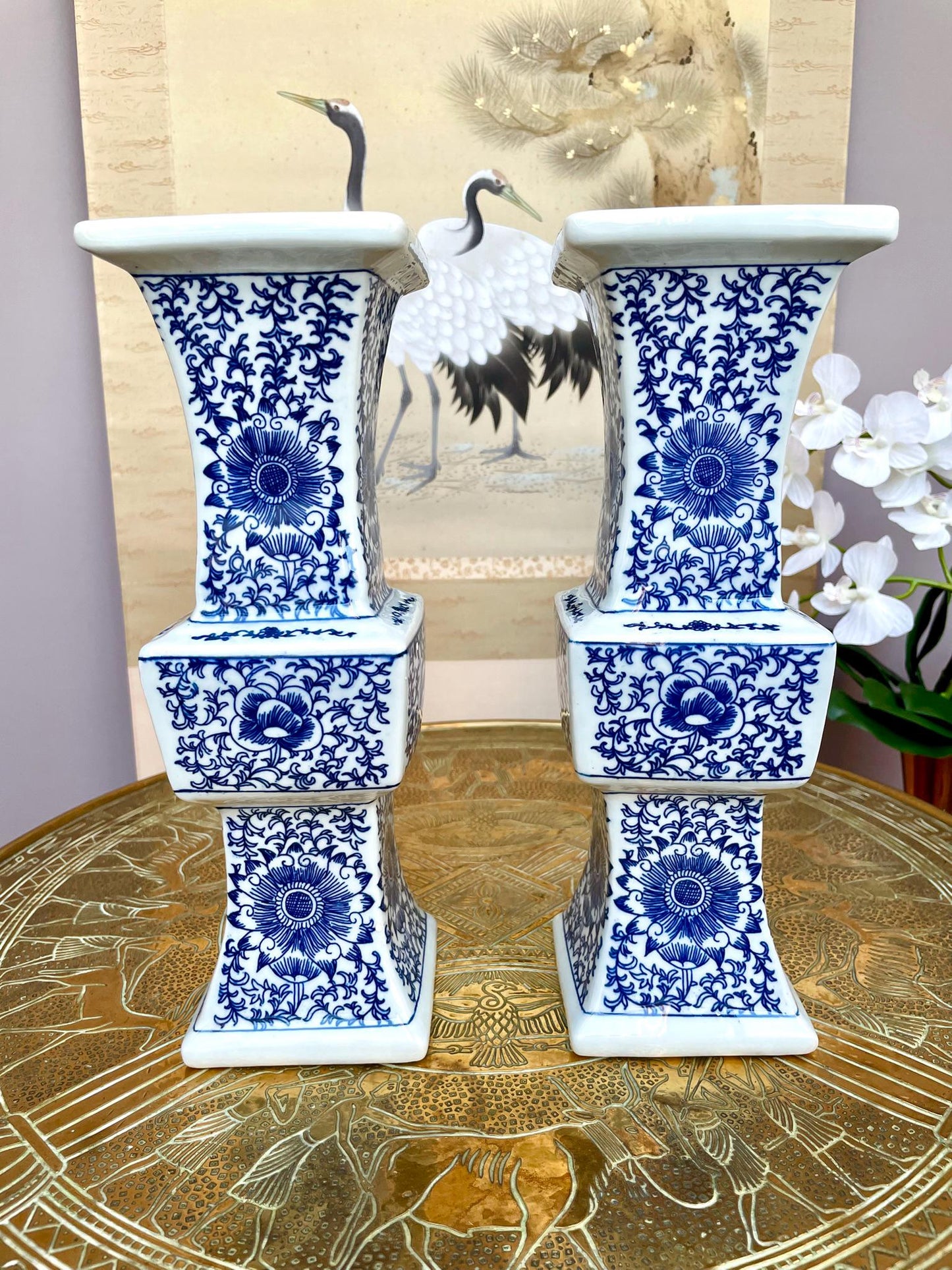 pair of Blue & White Porcelain Altar Candle Holders • Imperial Ritual Vessel Pair • Heaven–Earth–Human 3 section  Chinoiserie Floral design