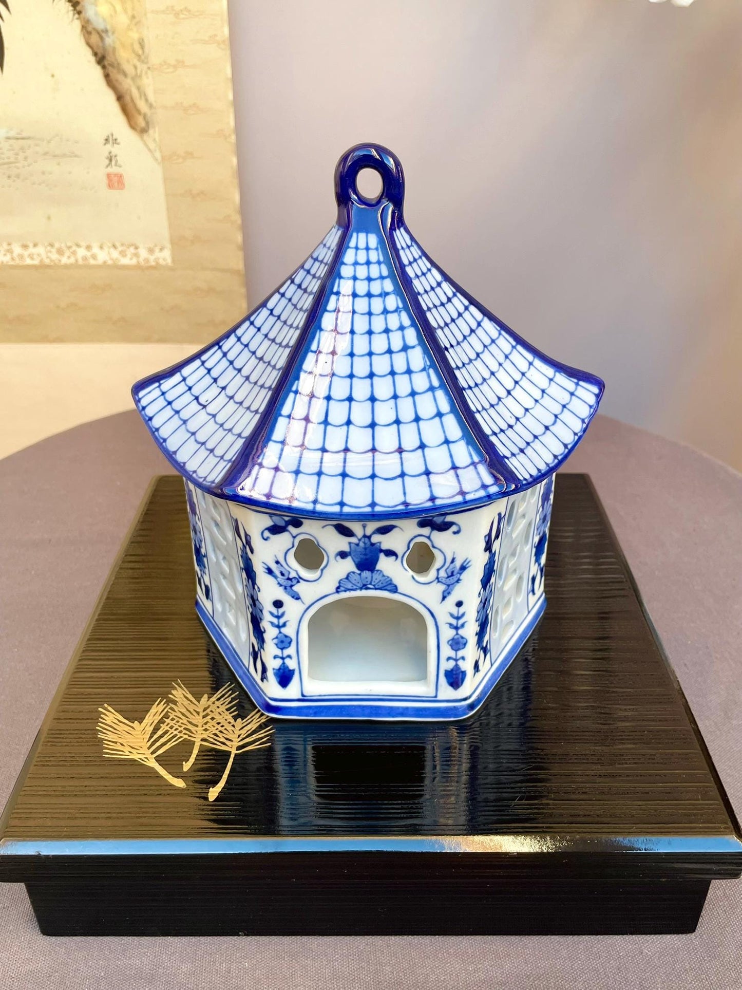 Blue and White Porcelain Pagoda Candle Holder | Handcrafted Ceramic Lantern Elegant Home Décor Accent | Curved Roof Design Tea Light Holder