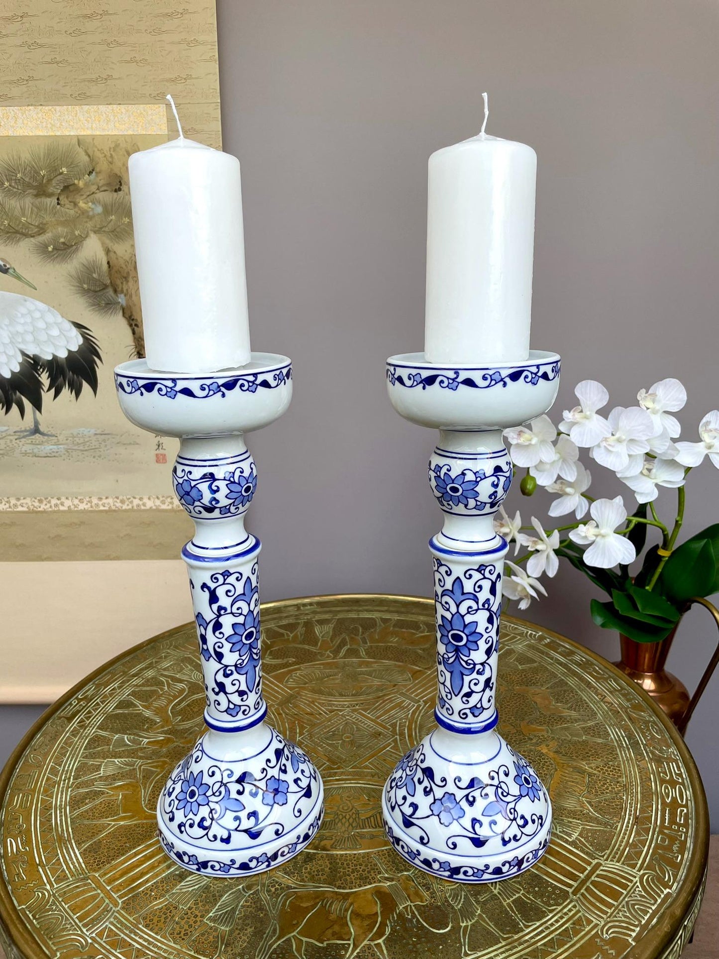 Fine Hand-Painted Blue & White Porcelain Candle Holder Pair • Artisan-Made Chinoiserie Centerpiece • Luxury Table Décor in Collector Quality