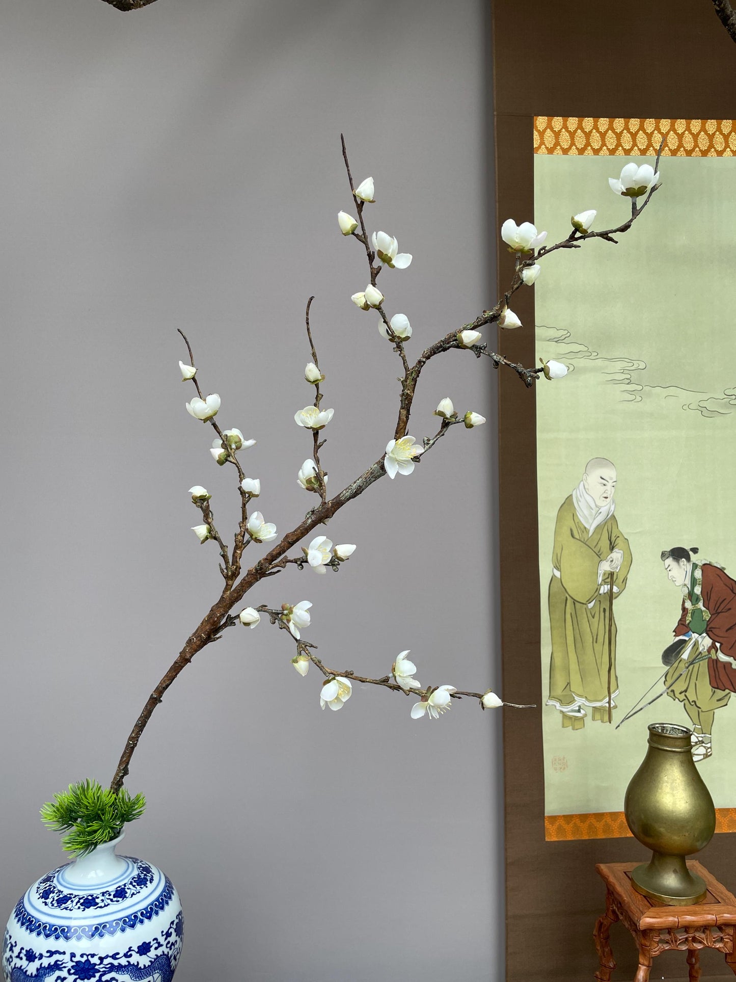Large Realistic White Plum Blossom Branch - Faux Winter Meihua Stem - Elegant Chinoiserie Decor Hand-Crafted Luxury Zen Floral
