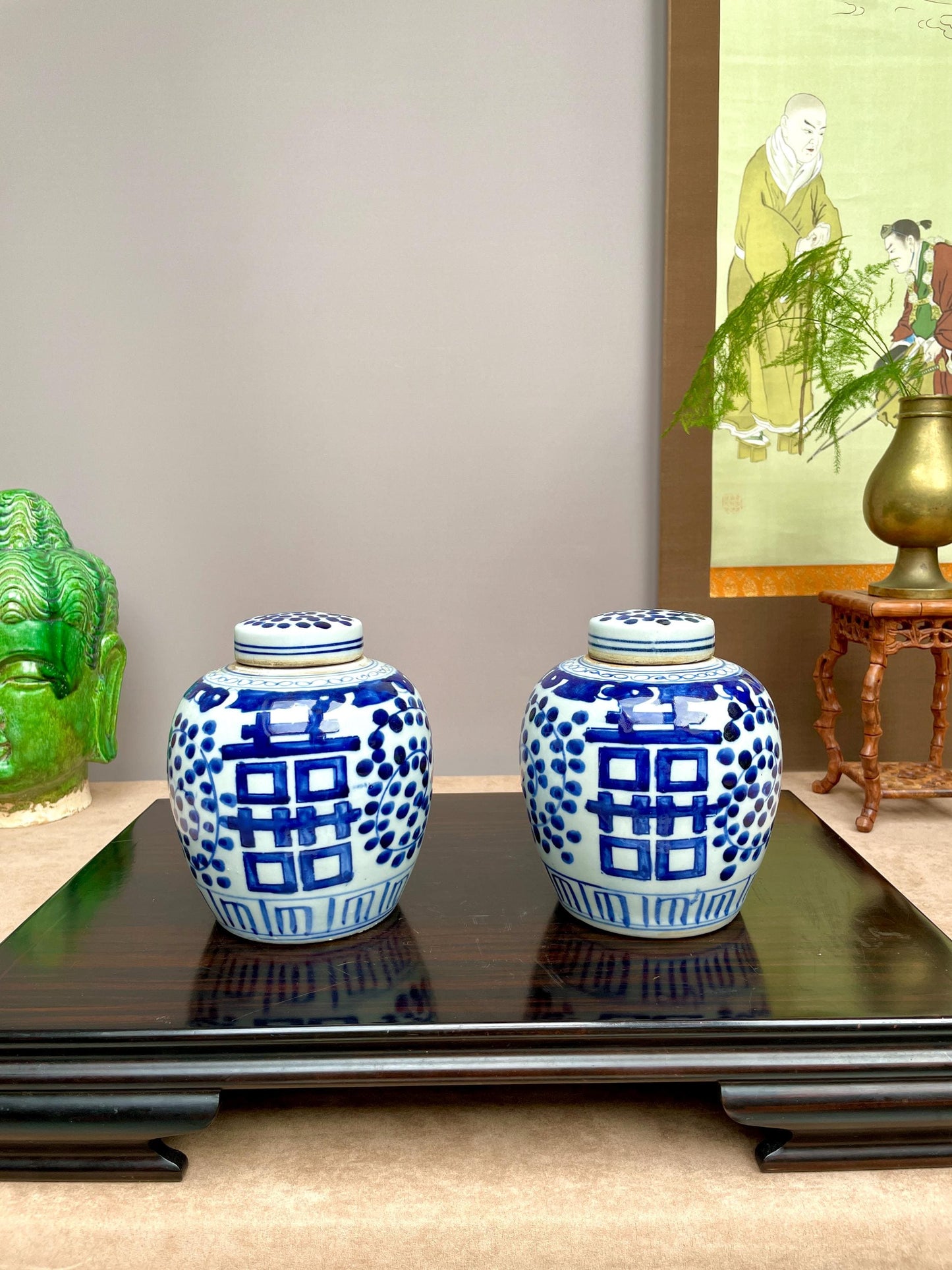 Pair of Blue and White Double Happiness Ginger Jars, hand painted Chinese Porcelain Tea Caddies with Lids, Chinoiserie Home Decor Weddings