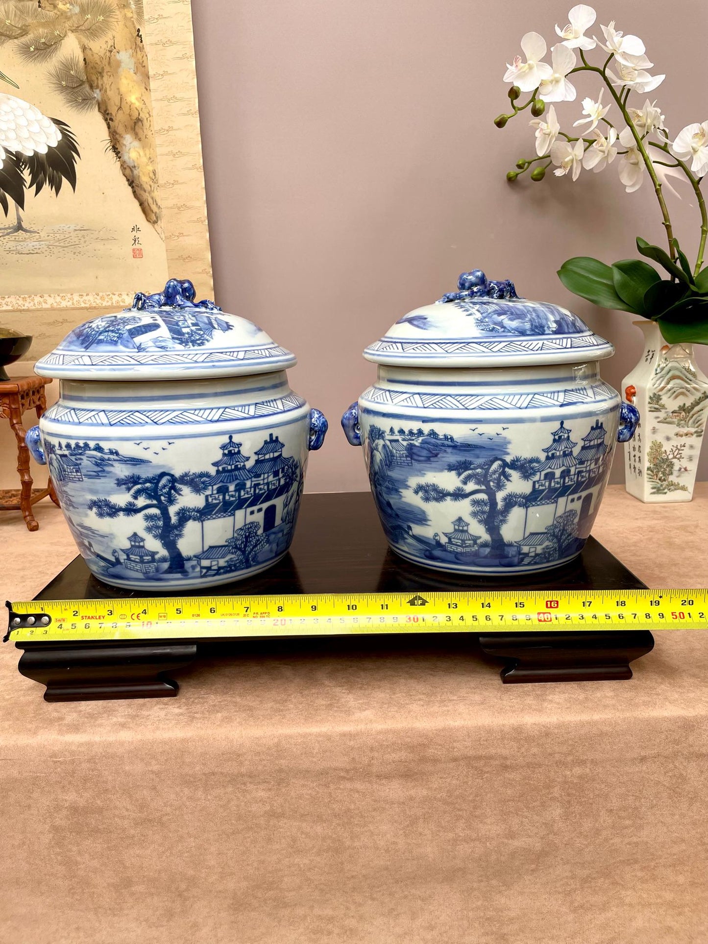 A Pair of Blue & White Porcelain Ginger Jar– Hand-Painted Pagoda Landscape