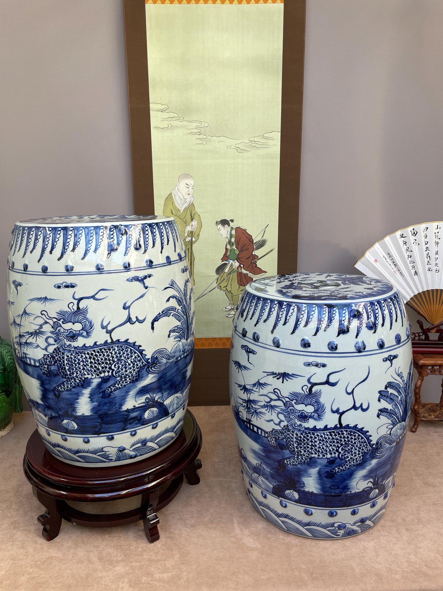 Large Blue and White Porcelain Garden Stool, Hand Painted Qilin Dragon Ceramic Seat Chinoiserie Drum Stool Oriental Decor, Rare Heavy SINGLE
