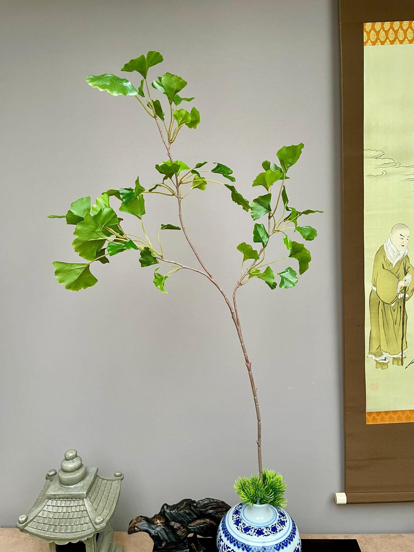 Premium Faux Ginkgo Stem, Green Fan Leaf Spray, Symbolic Longevity Botanical, Chinoiserie Vase Filler, Large Silk Greenery Branch