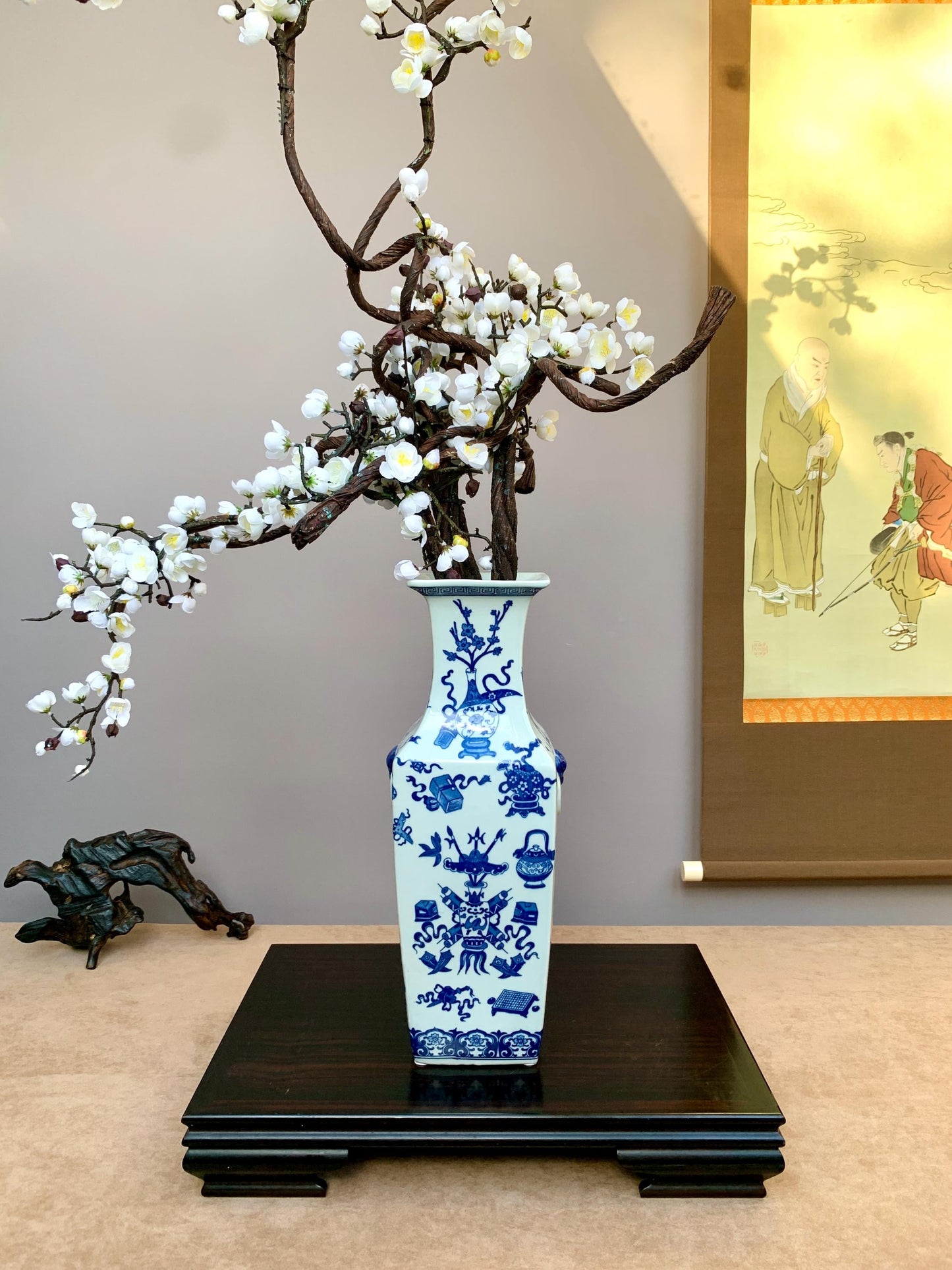 Tall Hand-Crafted Blue and White Square Vase Rare "Hundred Antiques" (Bogu) Motif Heavy Premium Porcelain Traditional Scholar's Studio Deco