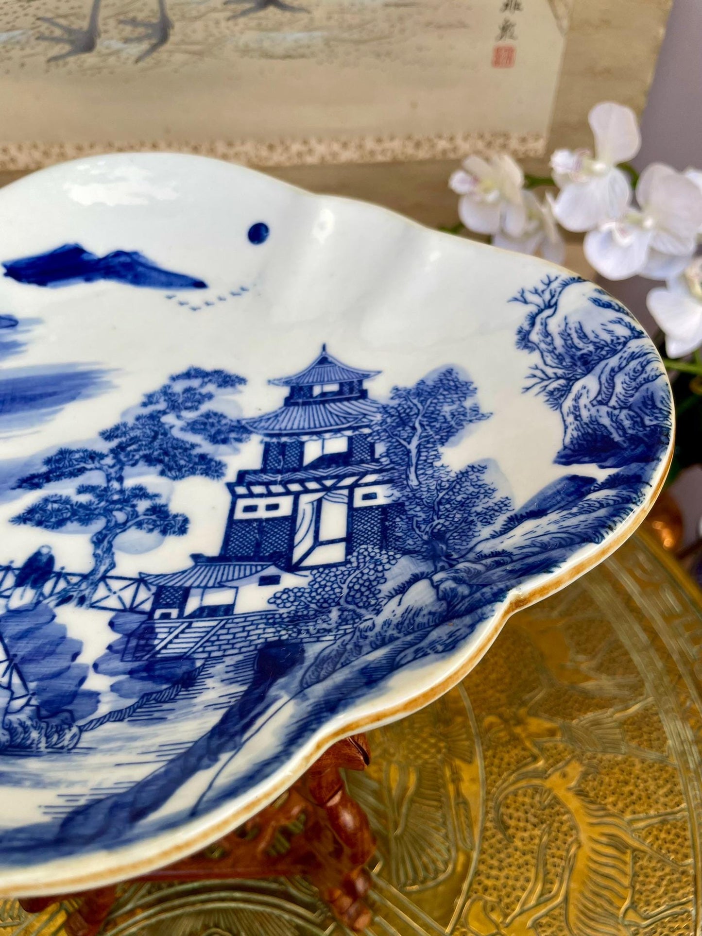 Blue and White Porcelain Dish - Hand Painted Landscape with Pagoda & Pine - Scalloped Iron-Oxide Rim - Fine Asian Home Decor