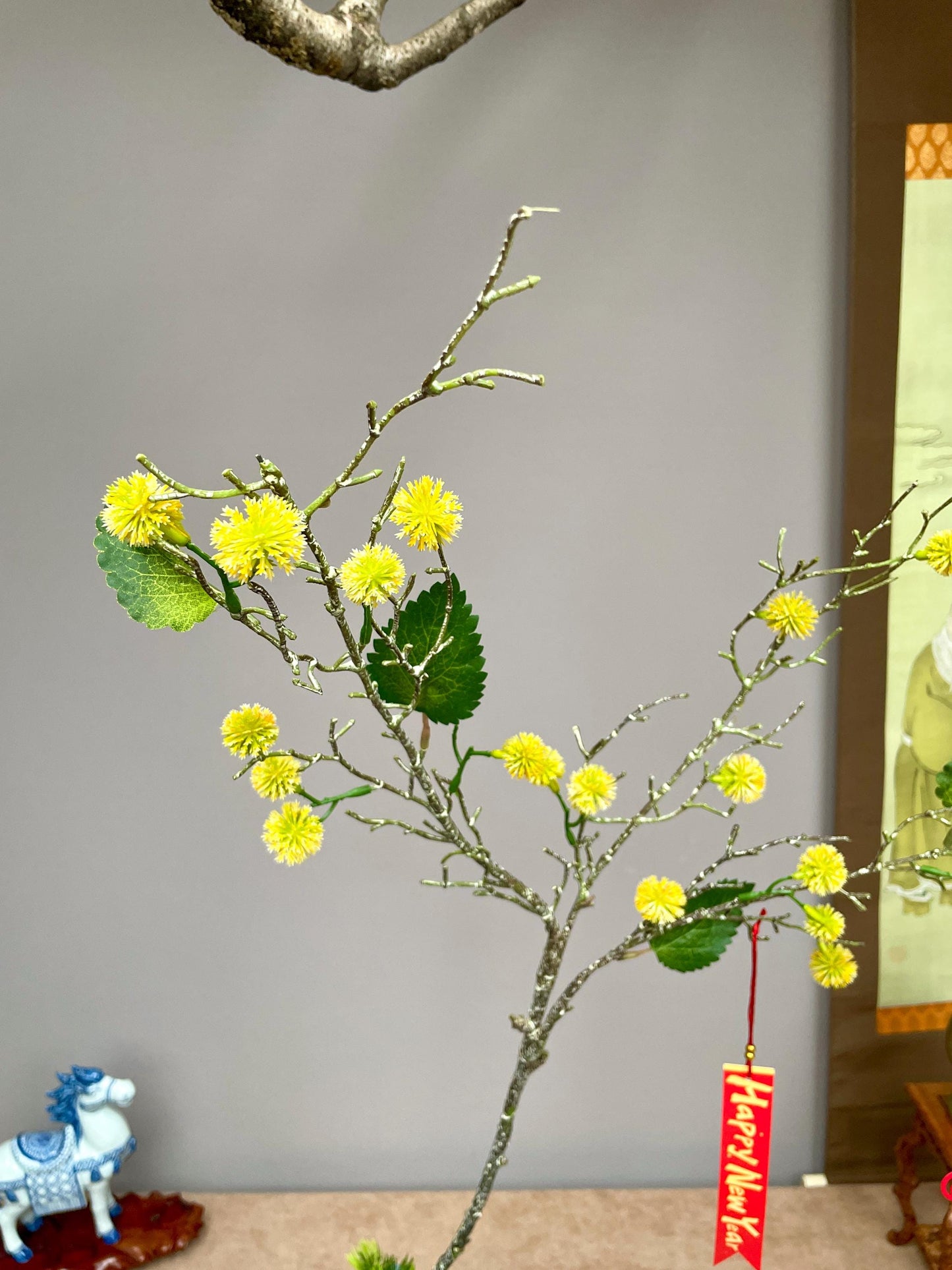 Realistic Yellow Mimosa Branch - Faux Acacia Silk Flower - Lunar New Year Golden Blossom Decor - Zen Minimalist Chinese New Year Floral Stem