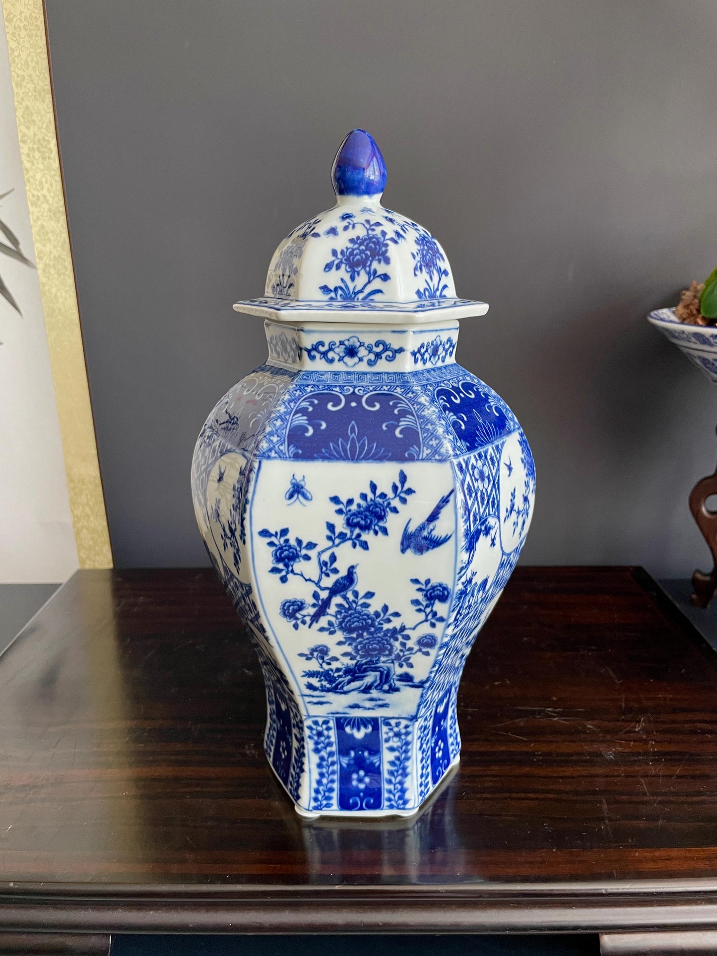 Hand Crafted Blue & White Hexagon Porcelain Vase with Lid | Six Sided 30cm Ceramic Temple Jar | Unique Multi Panel Chinoiserie Decor
