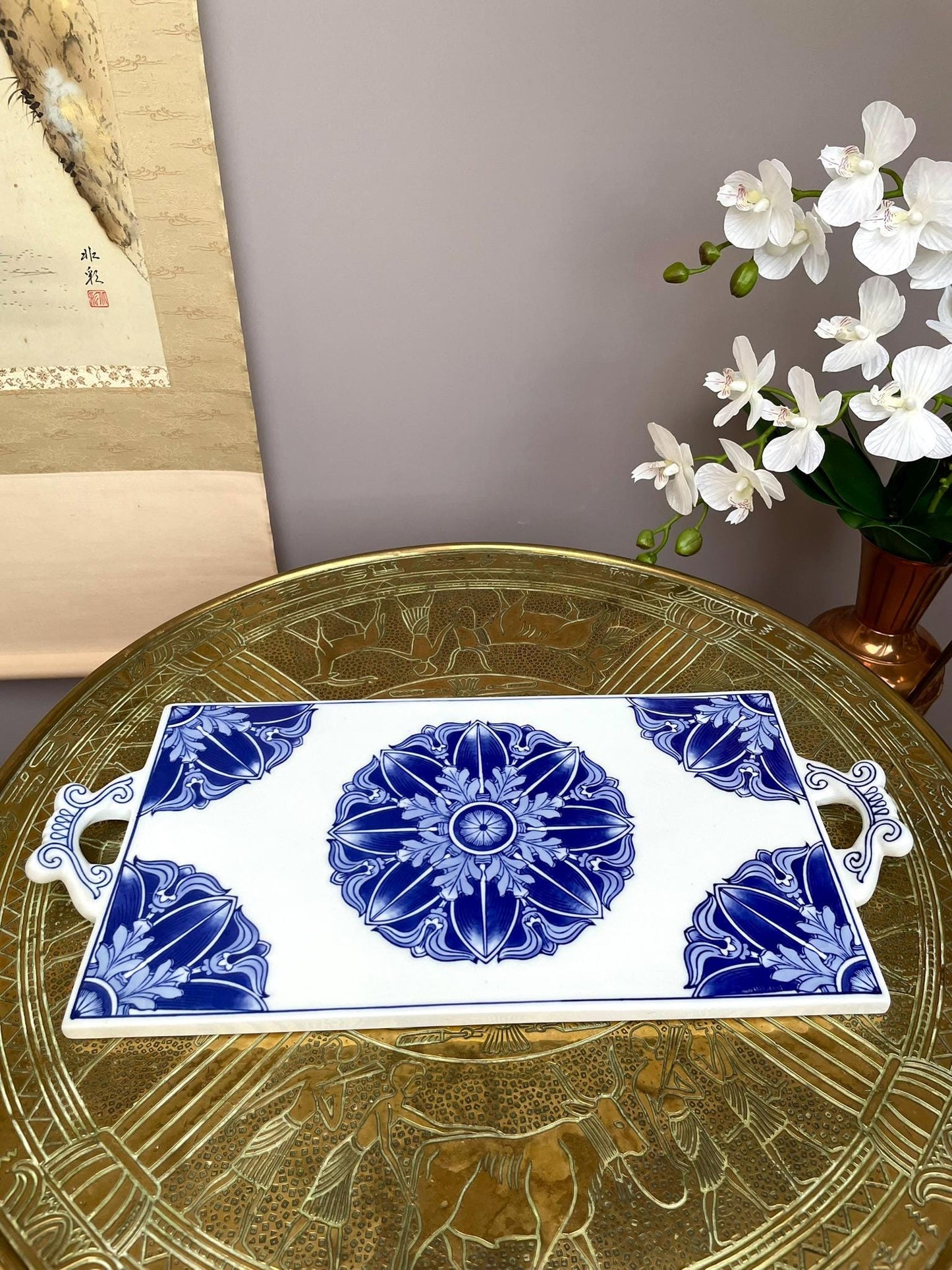 Large Blue & White Ceramic Serving Tray • Handcrafted Porcelain Board with Artisanal Floral Motif Heavy, Smooth, collector Quality Tableware