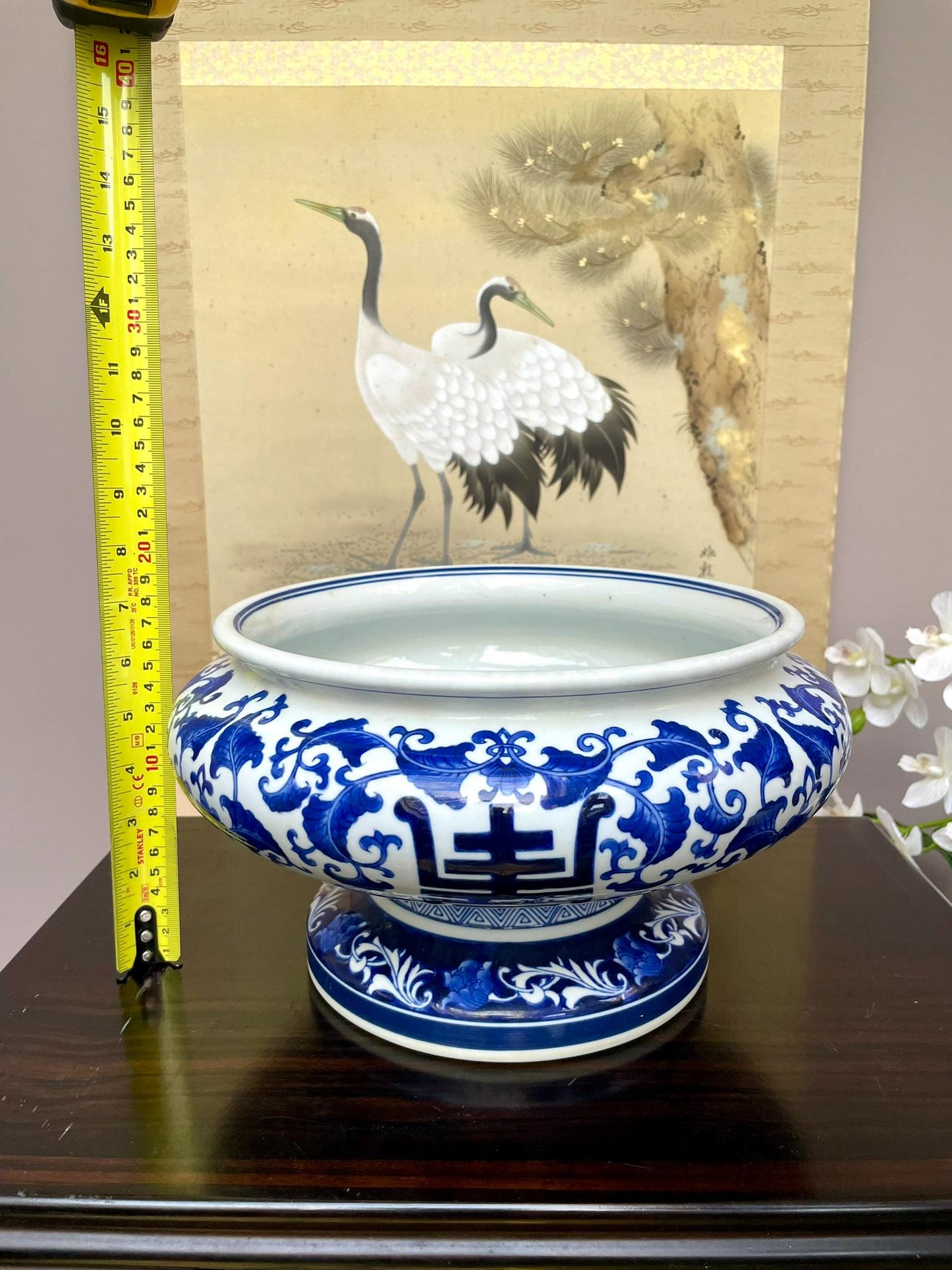 Large Blue and White Porcelain Footed Bowl – 33cm Decorative Centerpiece Vessel Large Pedestal bowl, chinoiserie