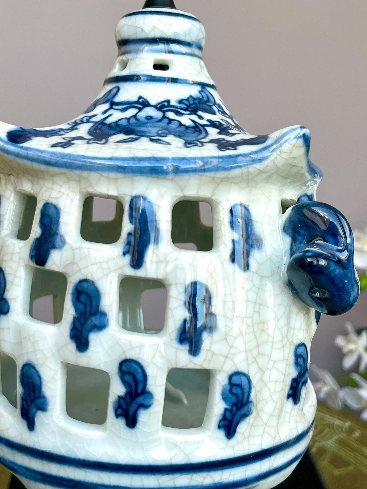 Blue & White Hanging Candle Holder | Crackle Glaze Porcelain Lantern | Handcrafted Ceramic Candle House | Hanging Tealight Holder Decor