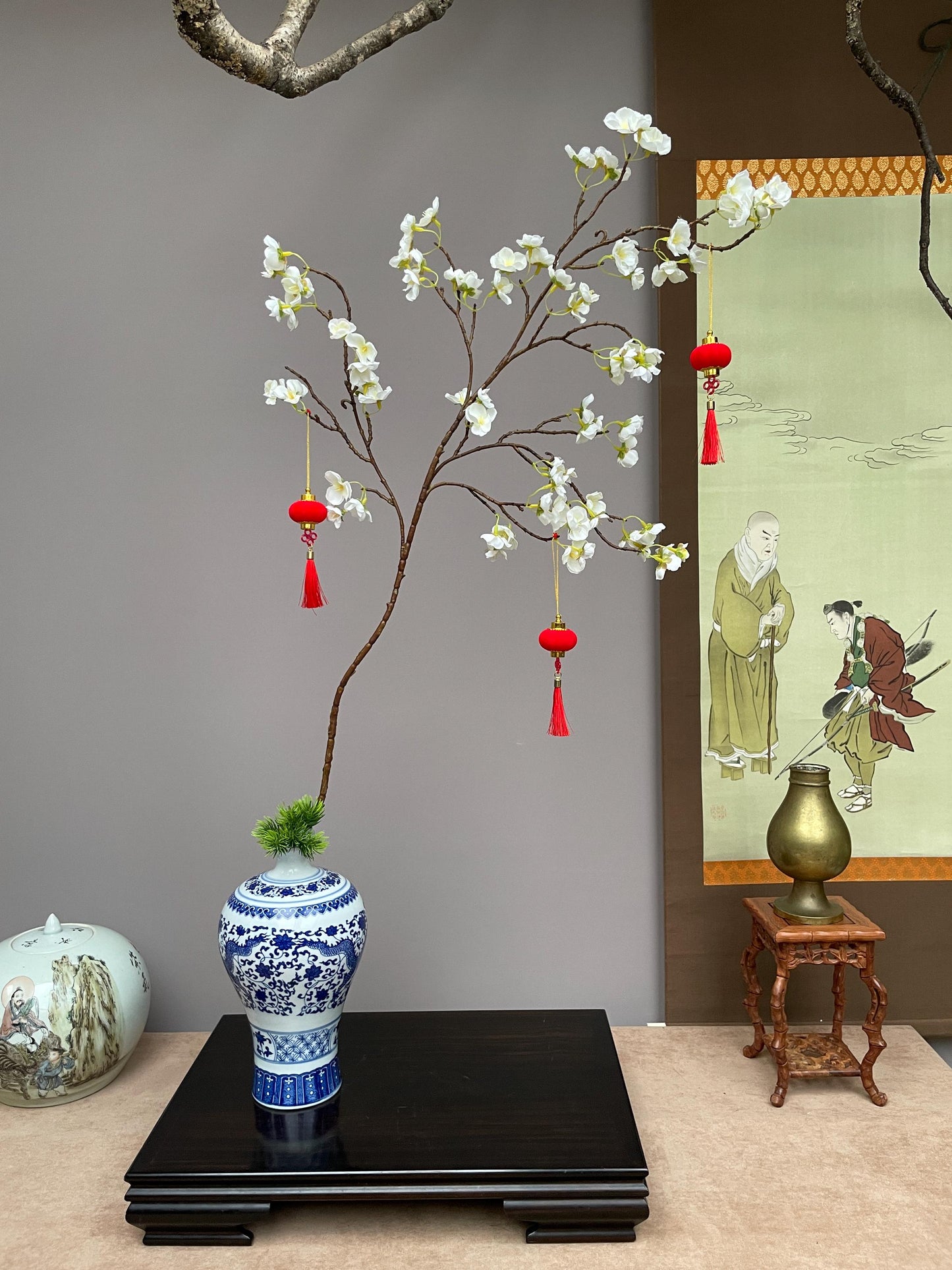 Realistic Faux White Plum Blossom Branch - Prunus Mume Artificial Silk Flower - Zen Minimalist Home Decor  Winter Plum Blossom Arrangement
