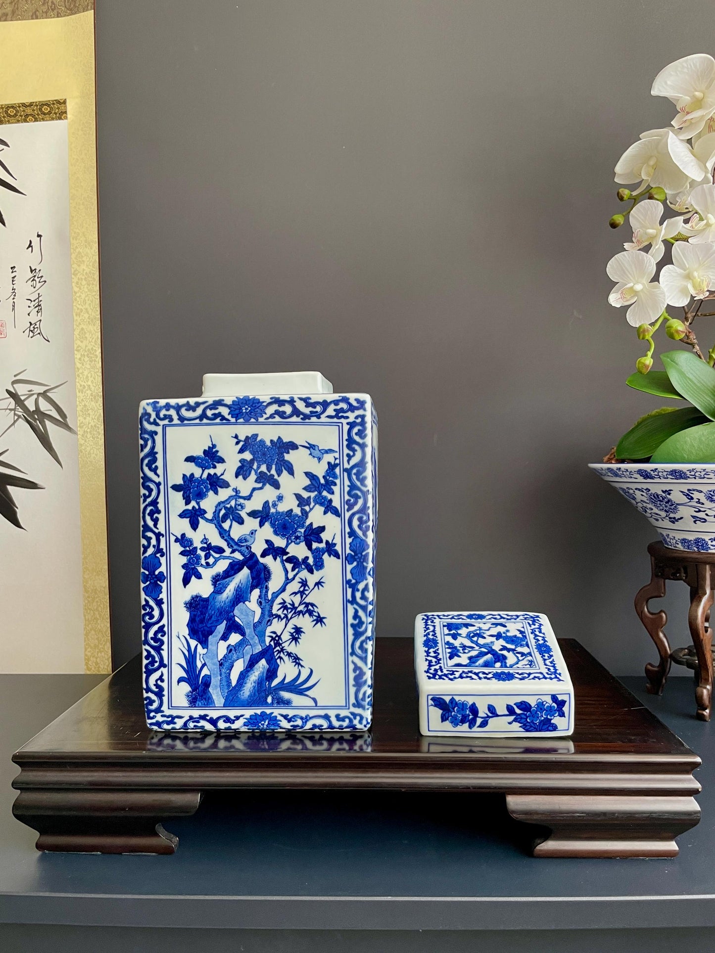 Rare Hand Painted Blue and White Xiang Qi Porcelain Vase | Hand Pressed Square Ginger Jar with Lid | 30cm Heavy Collector Ceramic Vessel
