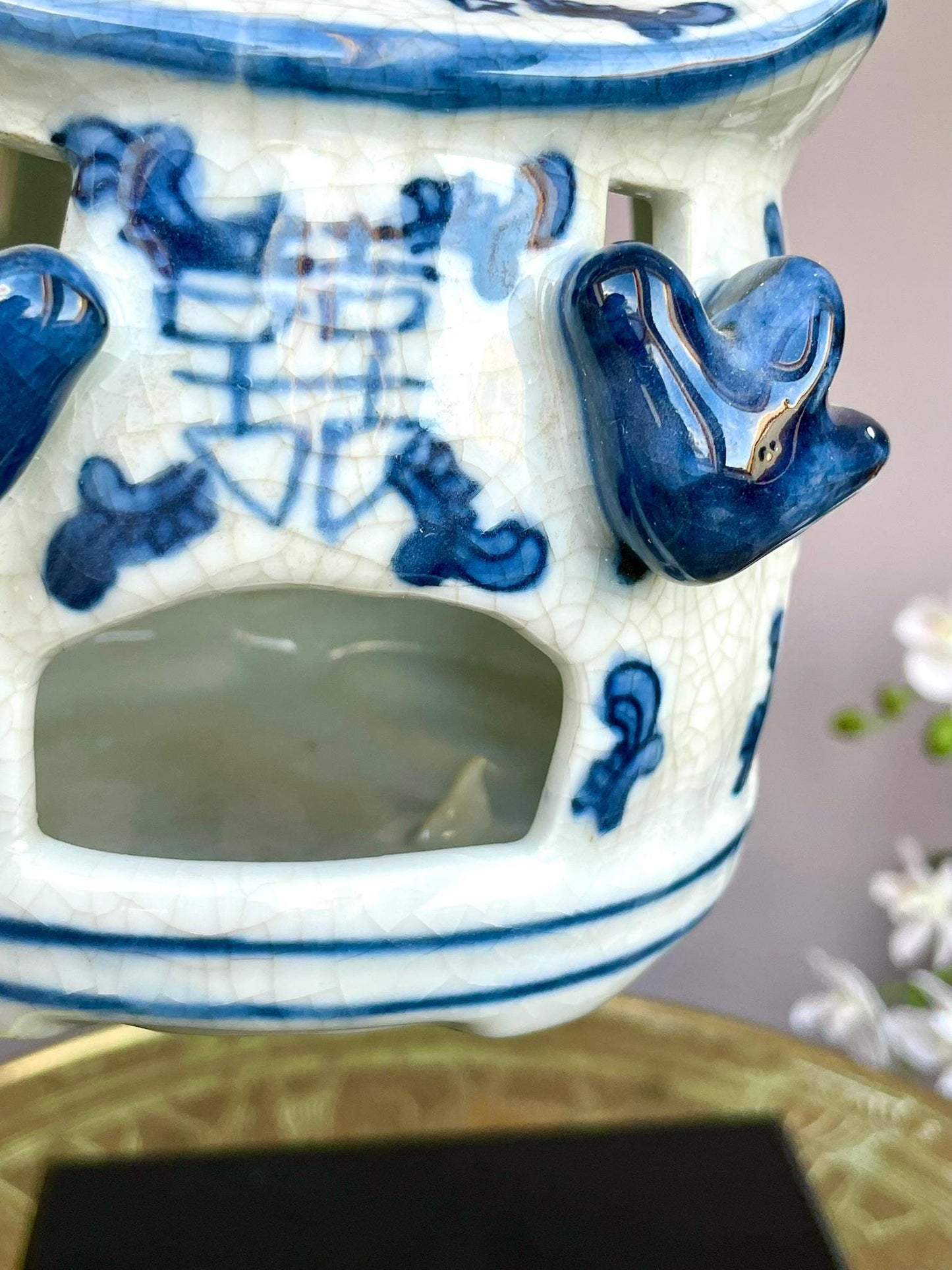 Blue & White Hanging Candle Holder | Crackle Glaze Porcelain Lantern | Handcrafted Ceramic Candle House | Hanging Tealight Holder Decor