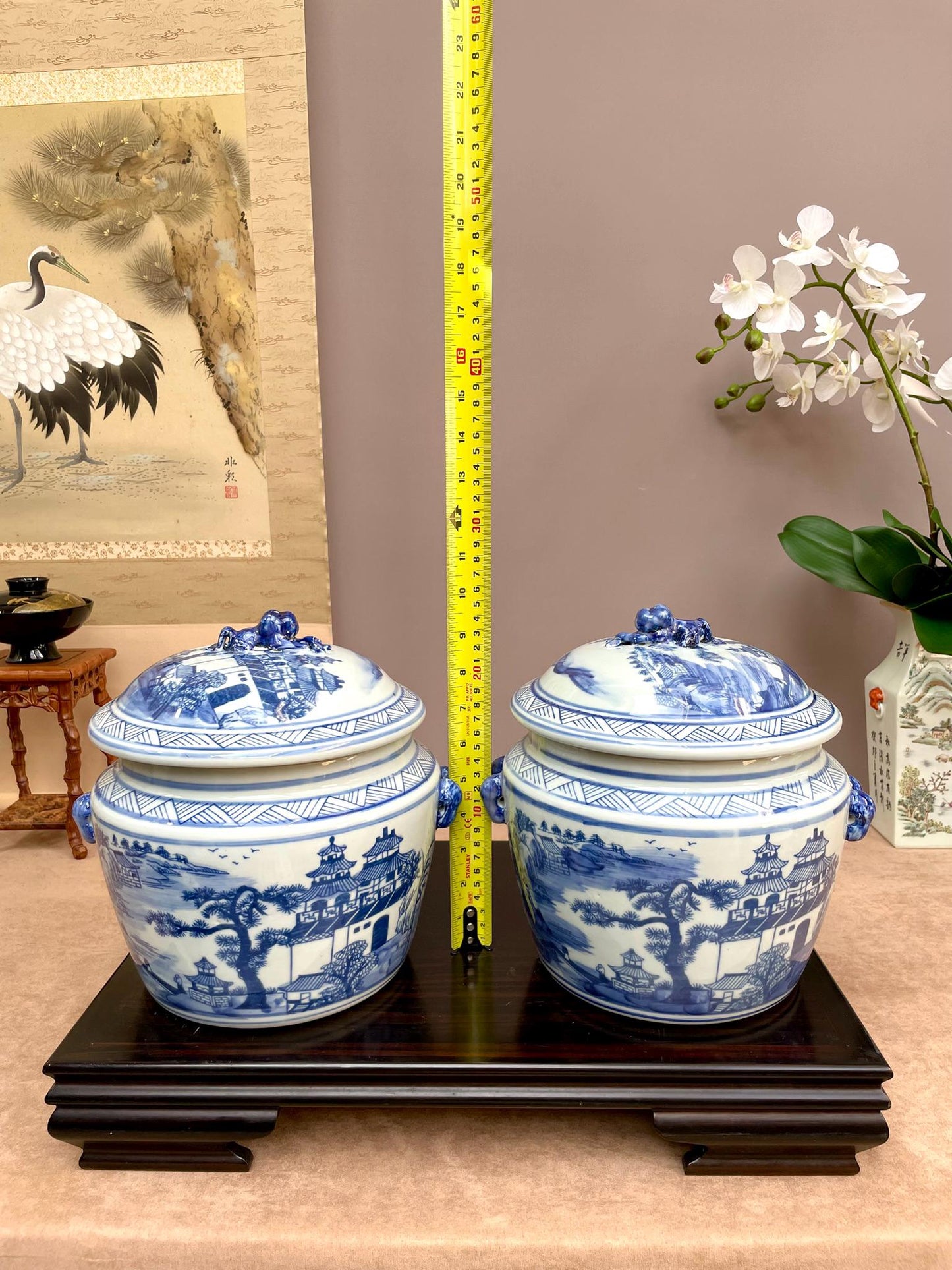 A Pair of Blue & White Porcelain Ginger Jar– Hand-Painted Pagoda Landscape