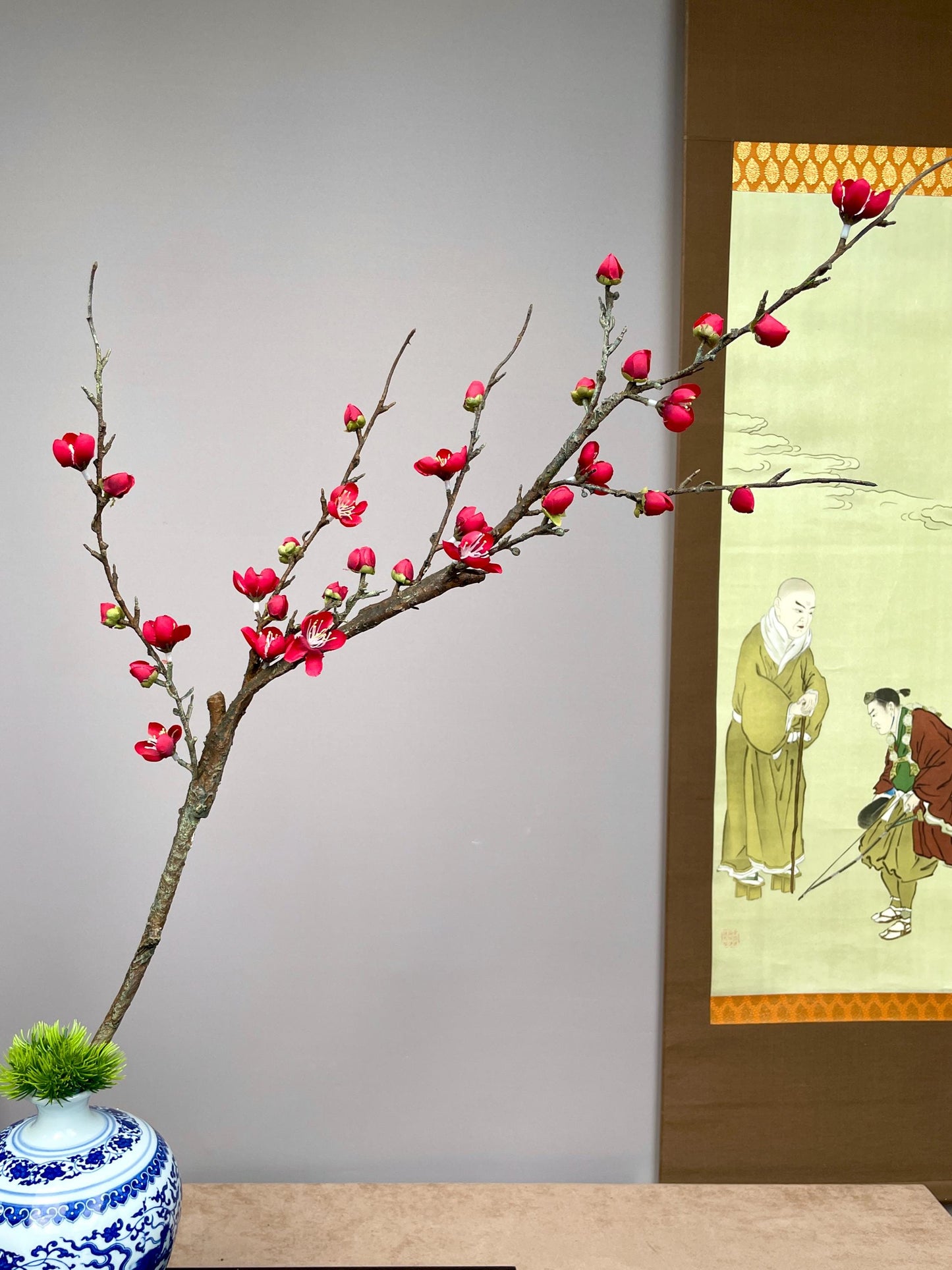 Large Realistic Red Plum Blossom Branch - Faux Winter Meihua Stem - Vivid Chinese New Year Decor - Hand-Crafted Luxury Zen Floral for Vases