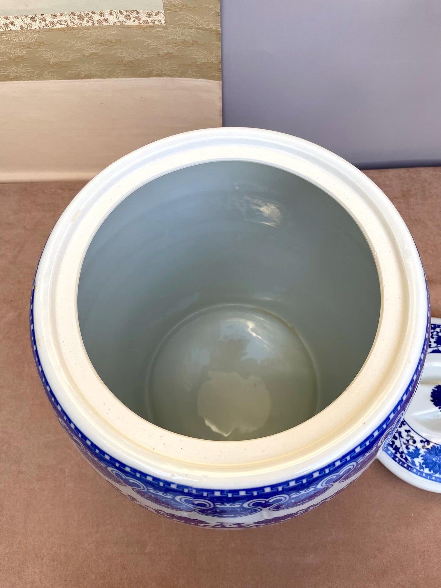 Blue & White Porcelain Lidded Container • Chinoiserie Ginger Jar Side Table • Decorative Storage Jar w/ Rubber Gasket • Floral Bird Pattern