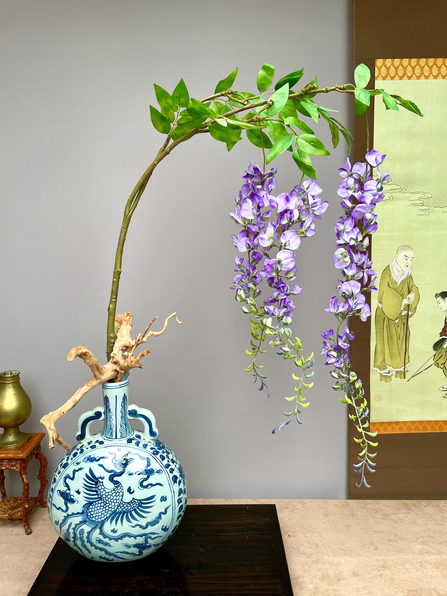 Large Realistic Artificial Wisteria Branch - Faux Purple Blossom Stem with Buds - Elegant Draping Floral for Tall Vases - Luxury Home Decor