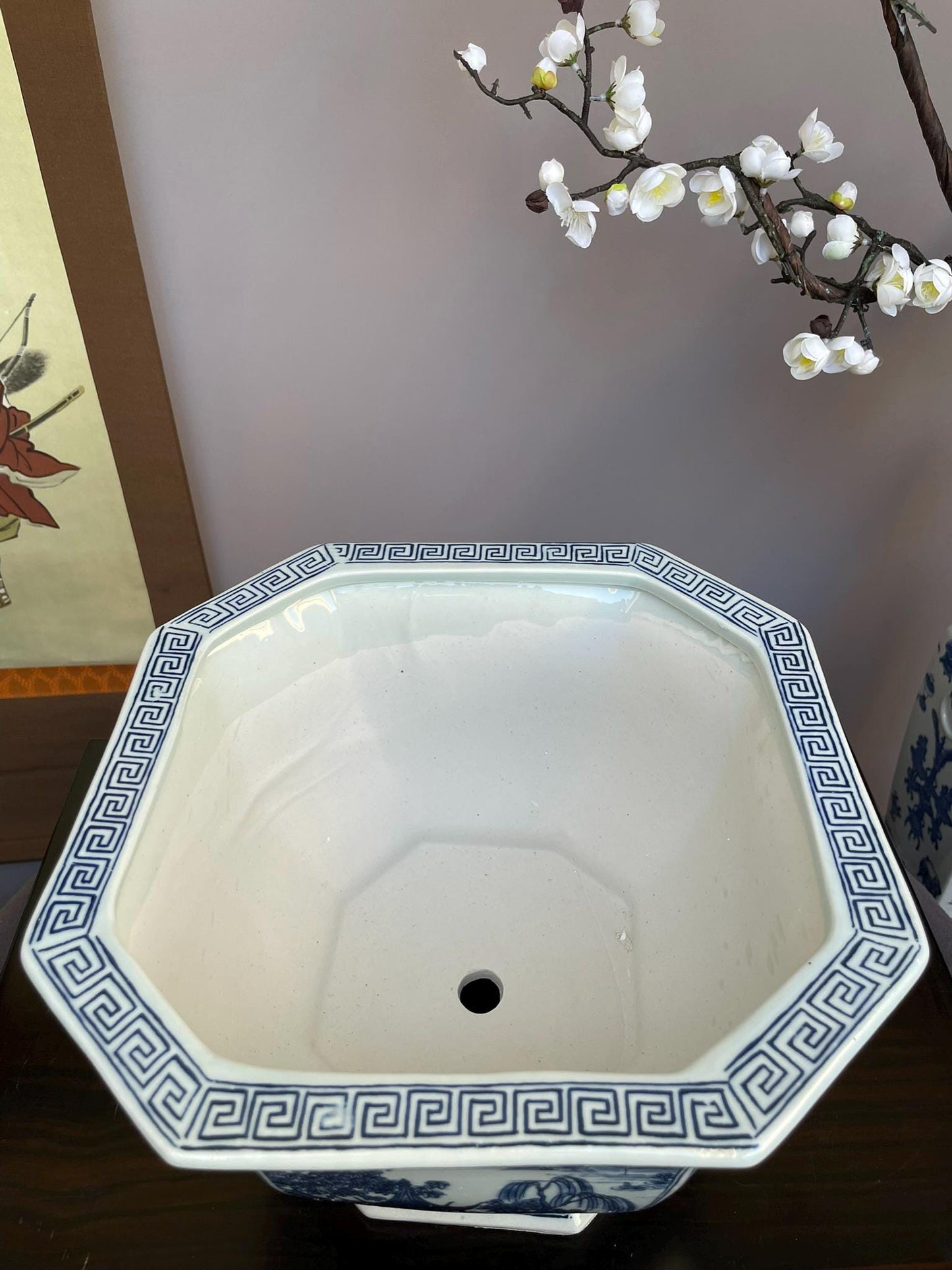 Blue & White Hexagonal Footed Bowl • Scenic Landscape Porcelain Centerpiece • irregular hexagon Oriental Art Bowl Luxury Decorative Vessel