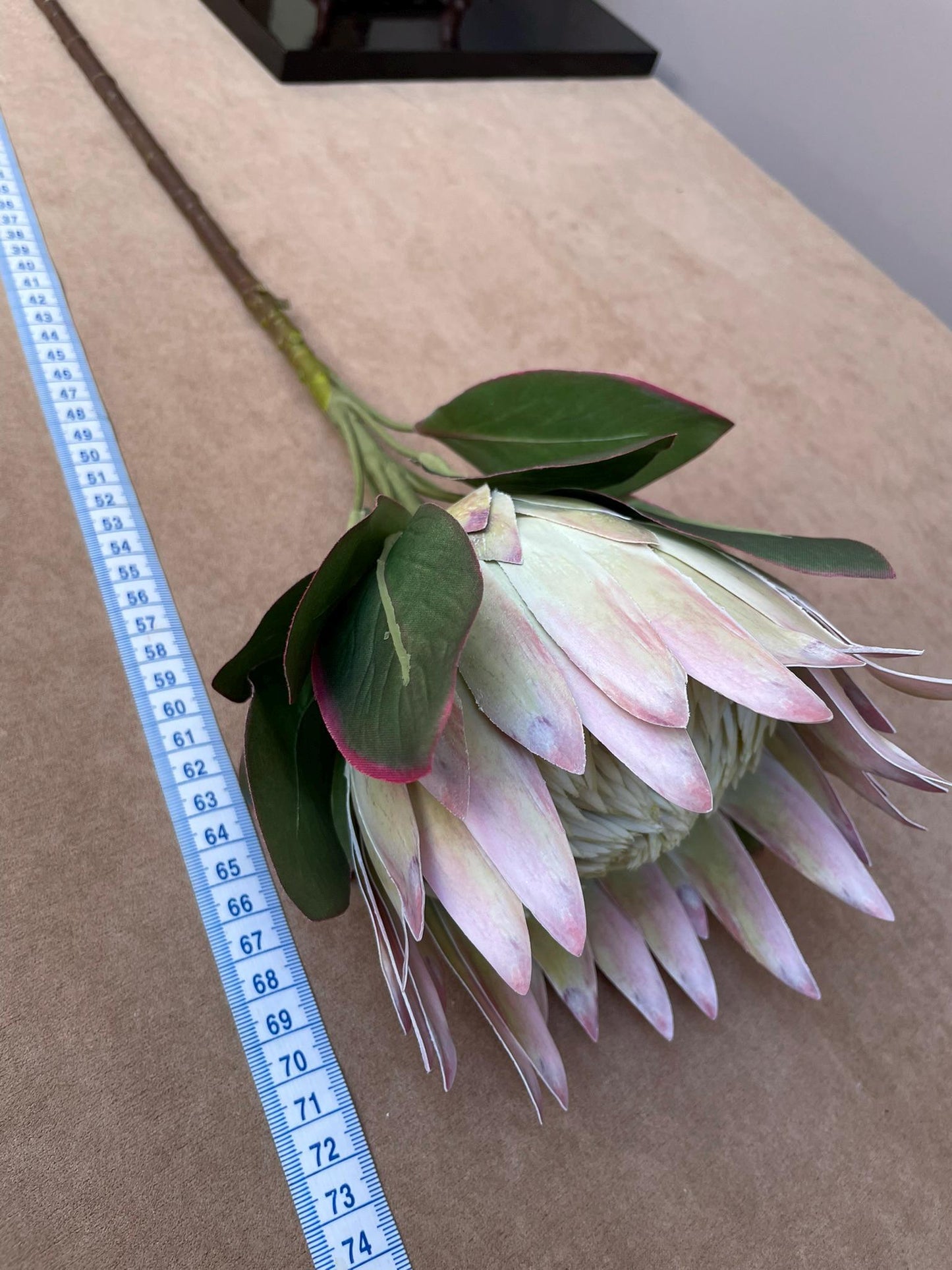 Giant Artificial Blush Pink King Protea Stem - Faux Pale Green & Pink Bloom - Exotic Tropical/Coastal Flower Head Decor(73cm)