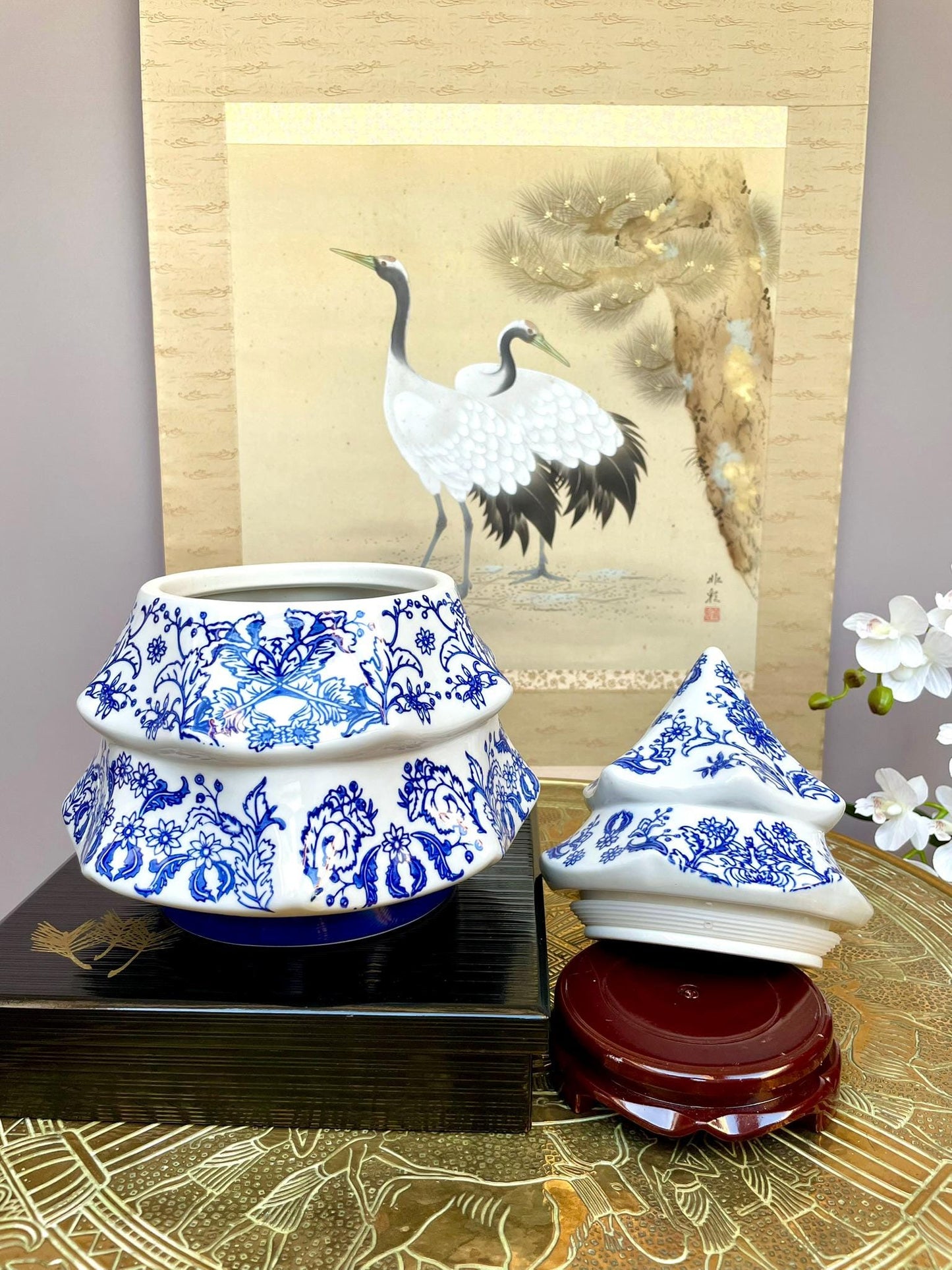 Blue and White Christmas Tree Jar – Two-Tier Lidded Container with Airtight Seal – Holiday Porcelain Decor  Blue & White Christmas Gift