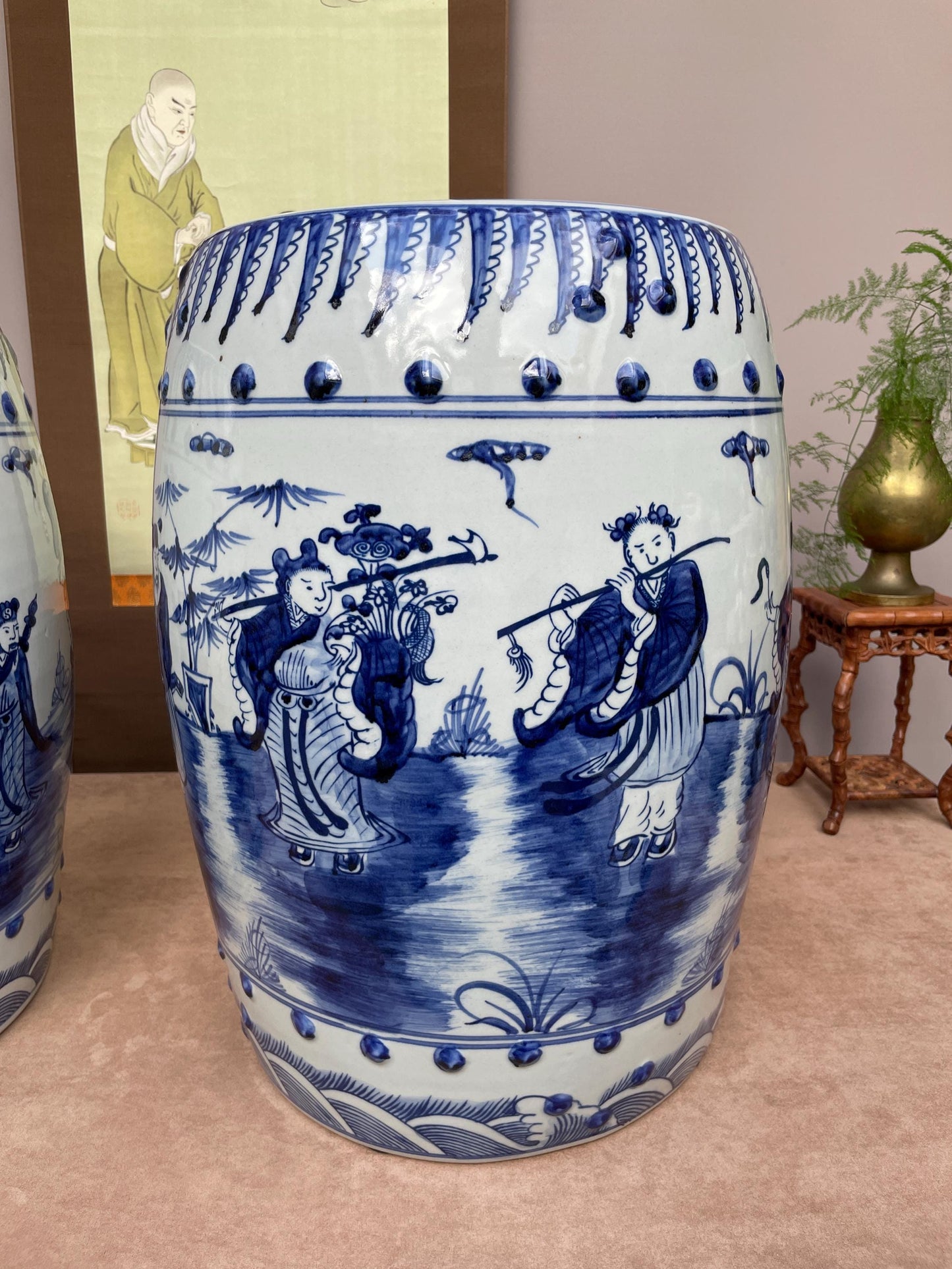 Large Blue and White Porcelain Garden Stool, Hand Painted Eight Immortals Ceramic Seat Chinoiserie Drum Stool Chinese Figure Decor Heavy