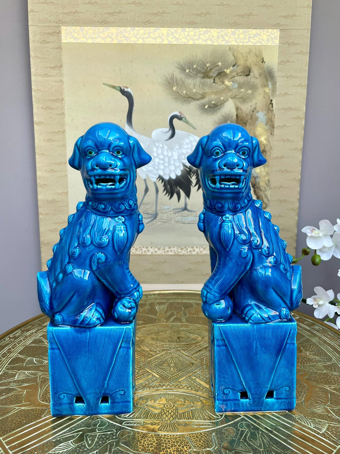 Turquoise Fu Dog Statues – Pair of Chinese Guardian Lions – Home Decor Accents for Entryway, Bookshelf & Living Room – Blue Glazed Foo Dogs