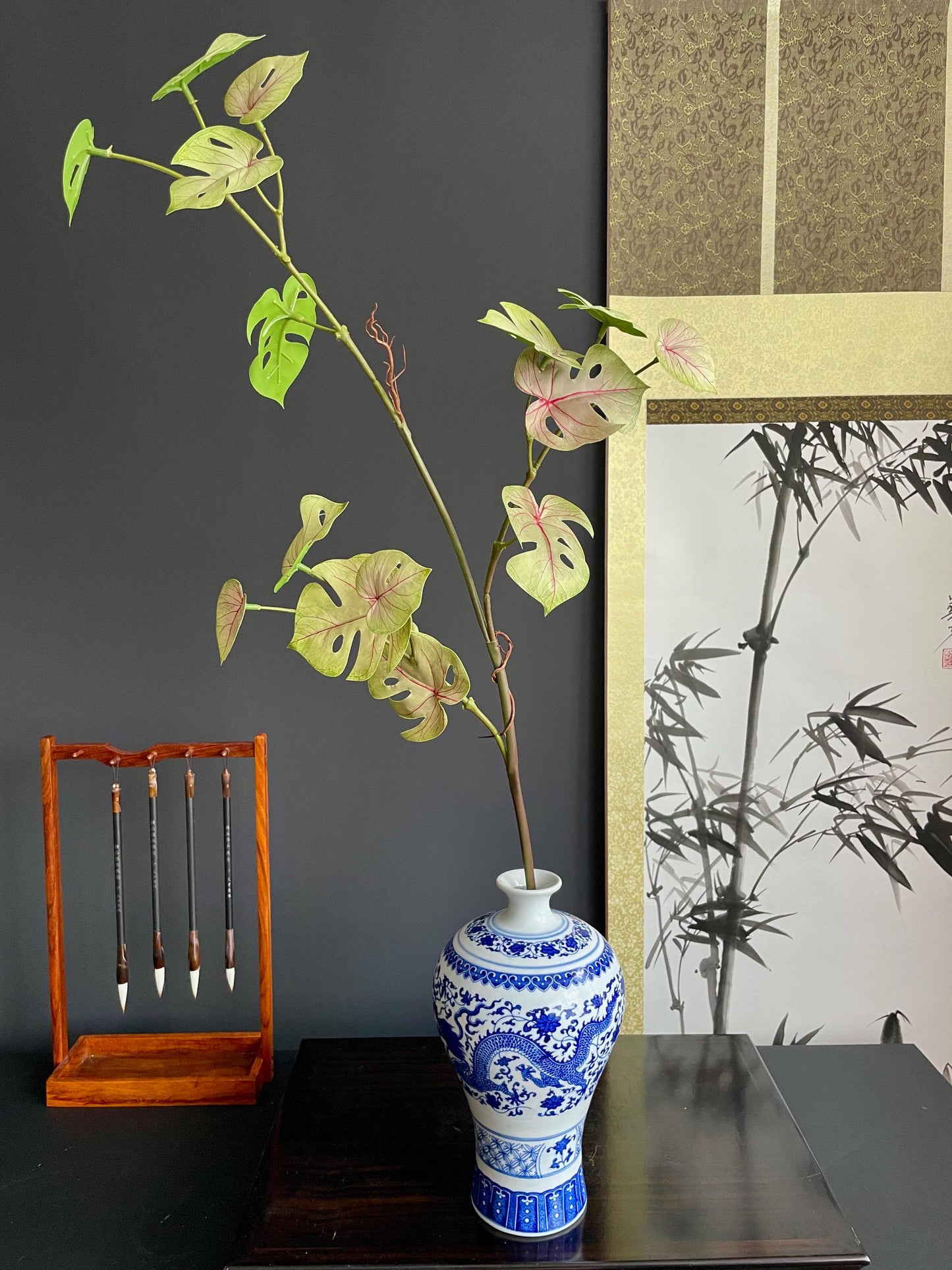 Faux Monstera Branch Artificial Caladium Leaf Stem Silk Tropical Greenery Fake Variegated Cheese Plant Traditional Tall Vase Filler 85cm