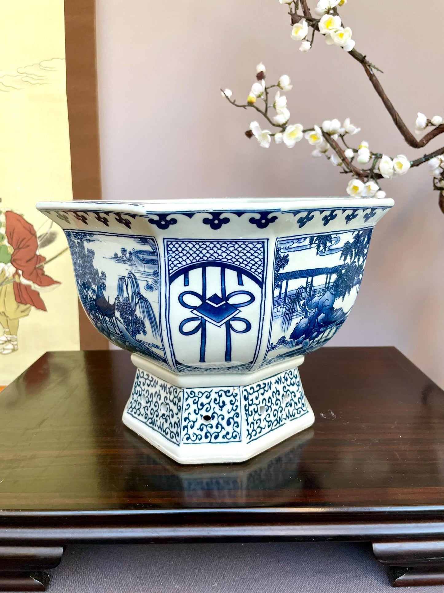 Blue & White Hexagonal Footed Bowl • Scenic Landscape Porcelain Centerpiece • irregular hexagon Oriental Art Bowl Luxury Decorative Vessel