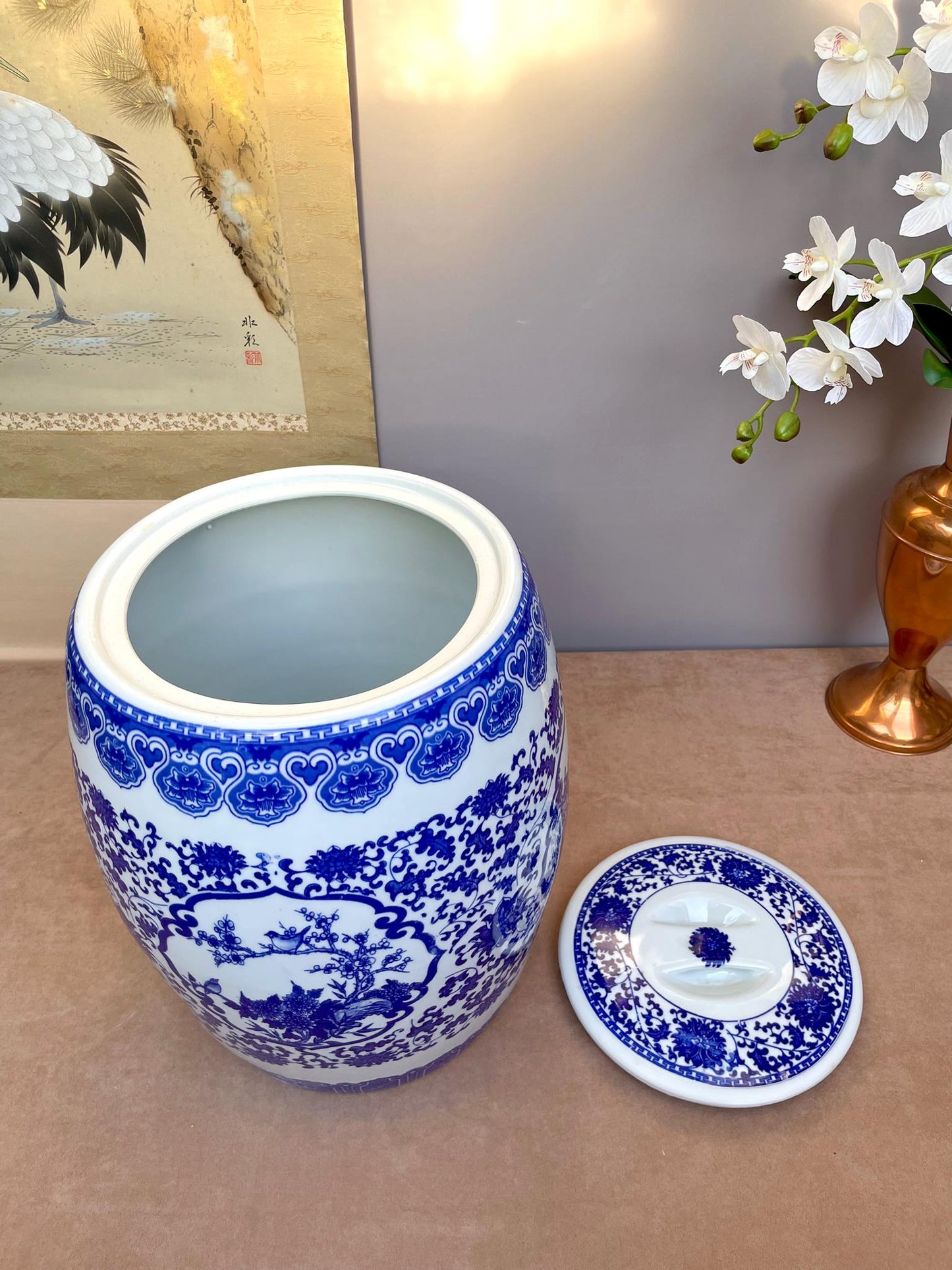 Blue & White Porcelain Lidded Container • Chinoiserie Ginger Jar Side Table • Decorative Storage Jar w/ Rubber Gasket • Floral Bird Pattern