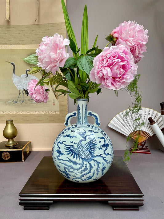 Blue and White Moon Flask Vase Ceramic Phoenix Porcelain Vase Large Oriental Moonflask Chinoiserie Home Decor Vintage Style Antique Replica