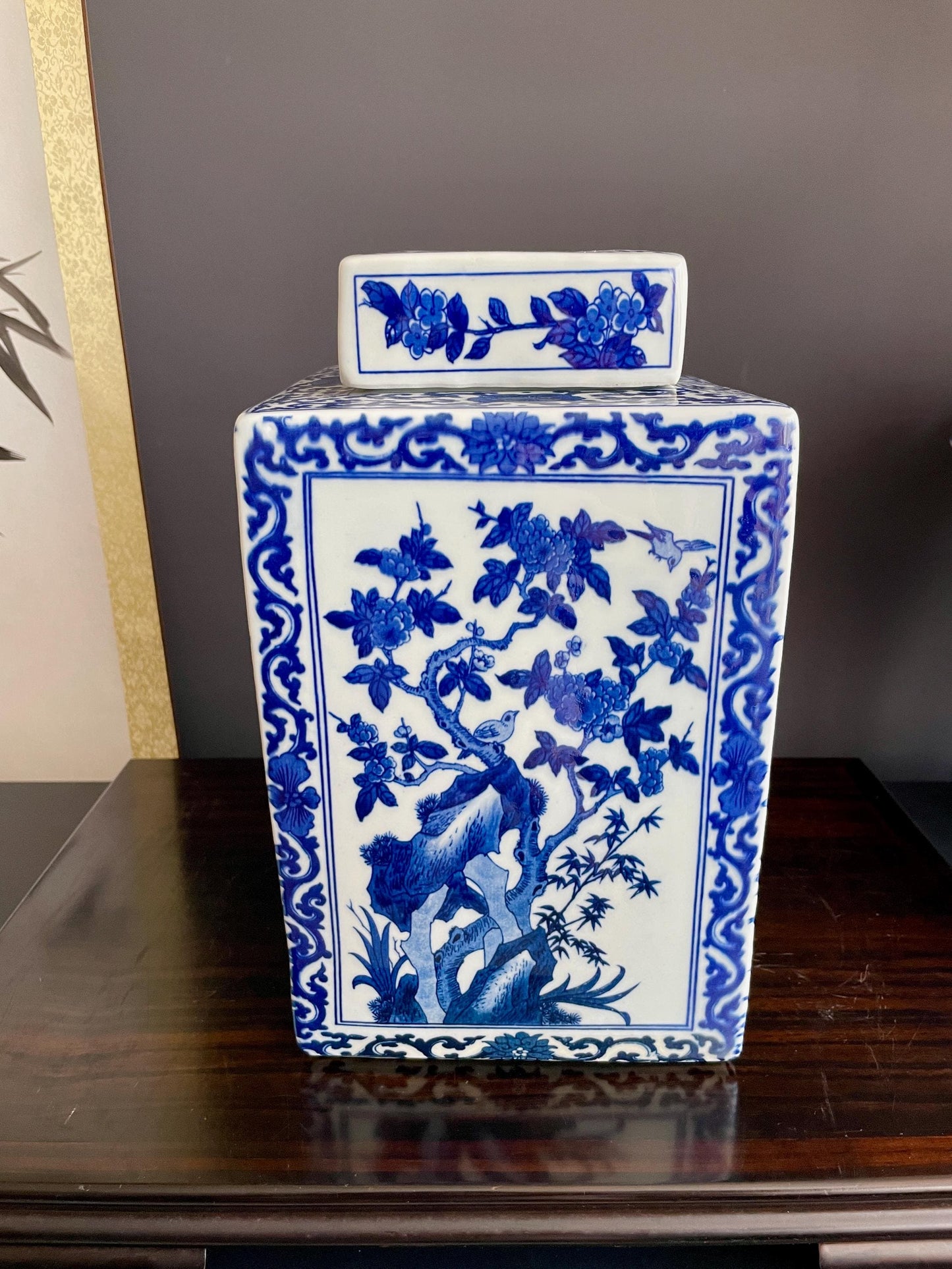 Rare Hand Painted Blue and White Xiang Qi Porcelain Vase | Hand Pressed Square Ginger Jar with Lid | 30cm Heavy Collector Ceramic Vessel