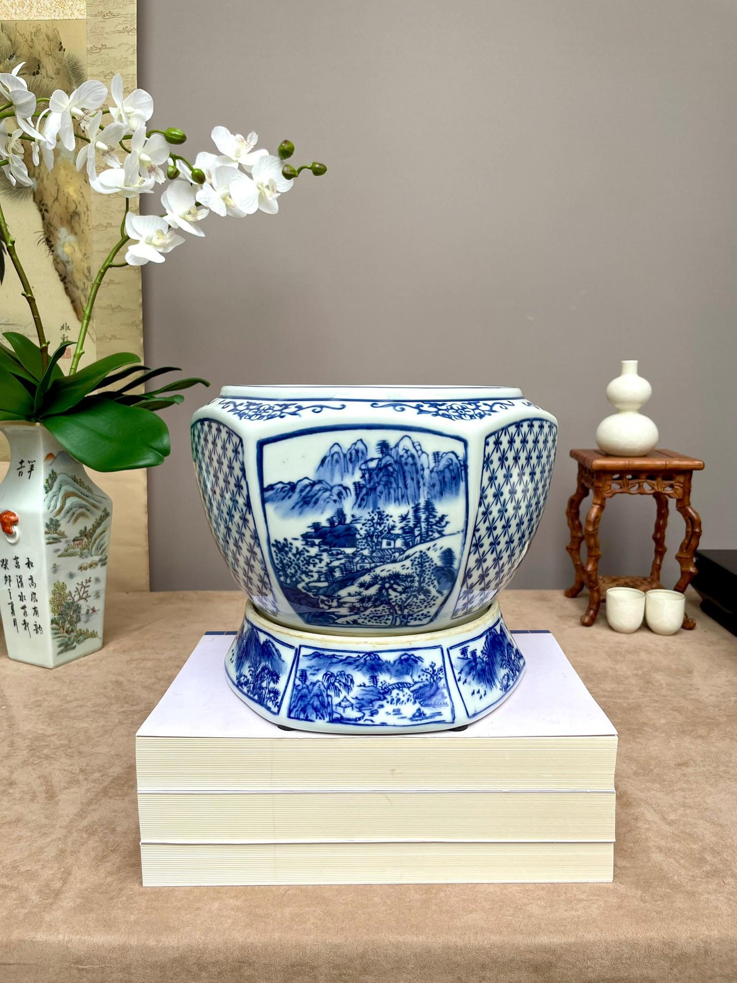 Blue and White Chinese Porcelain Planter with Stand | Hand-Painted Landscape Scene | Oriental Home Decor | Ming Style Ceramic Pot