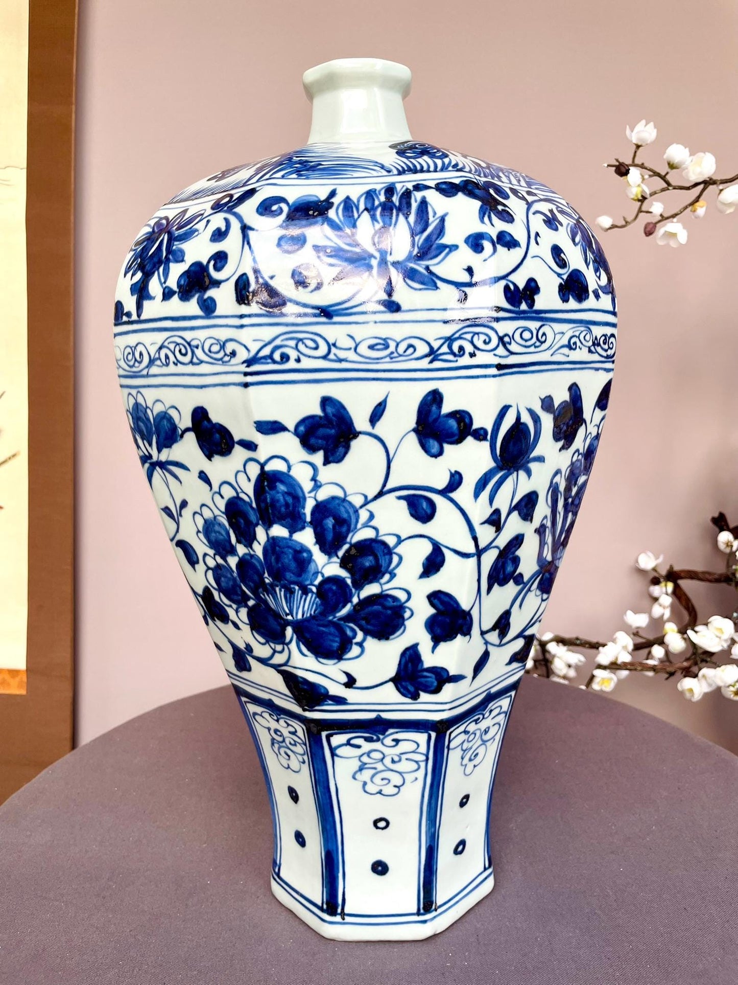 Large Blue and White Porcelain Meiping Vase – Classic Plum Vase Shape – Hand-Painted Floral Motifs Traditional Tall Collector Display Piece