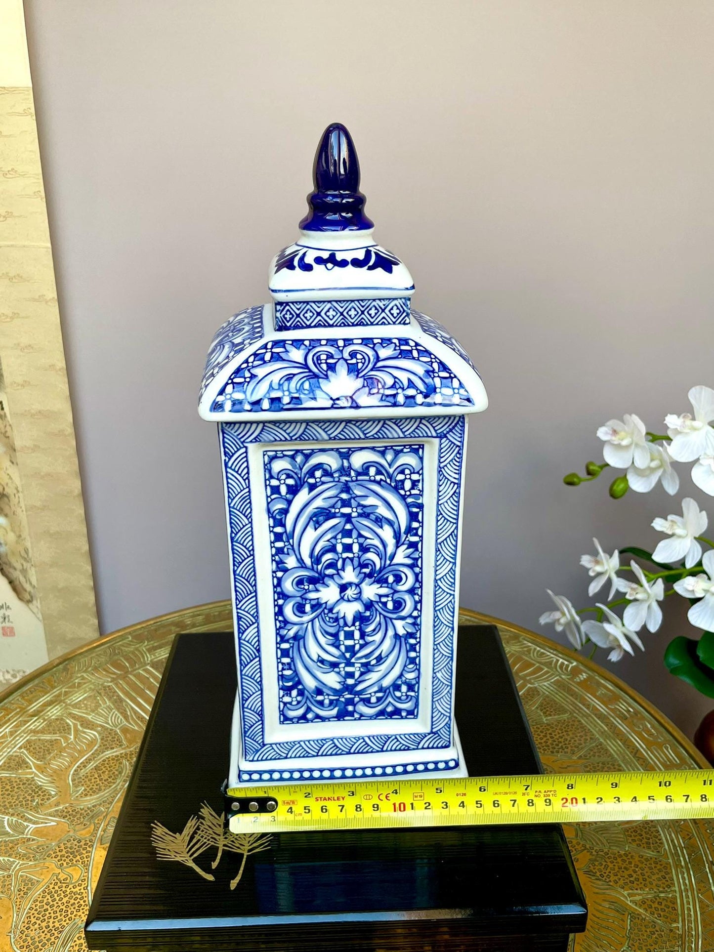 Tall Blue and White 4-Sided Ginger Jar with Lid – Hand-Painted Ceramic Temple Jar, Floral Scroll Design, Decorative Chinese Style Vase, 38cm