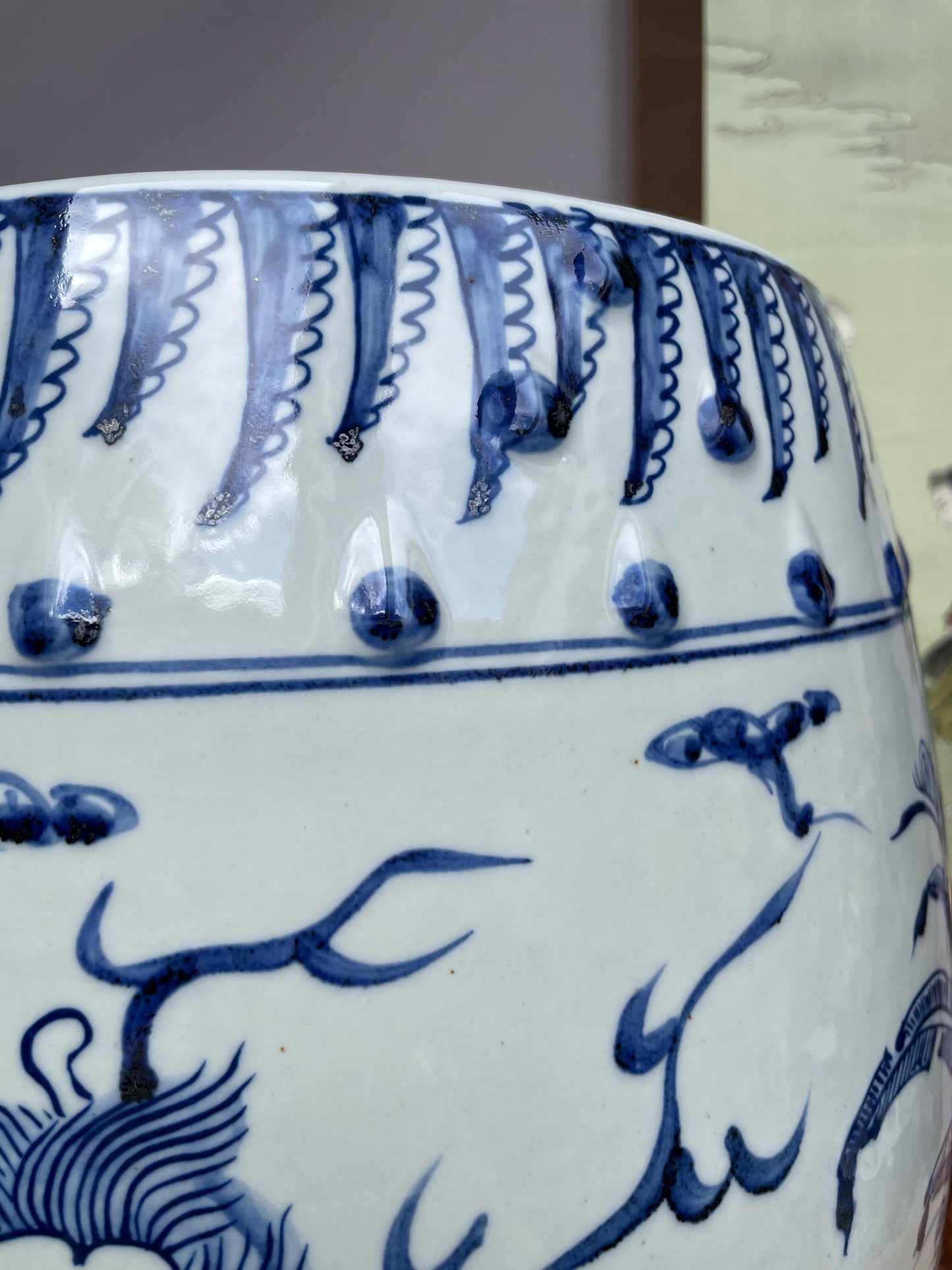 Large Blue and White Porcelain Garden Stool, Hand Painted Qilin Dragon Ceramic Seat Chinoiserie Drum Stool Oriental Decor, Rare Heavy SINGLE