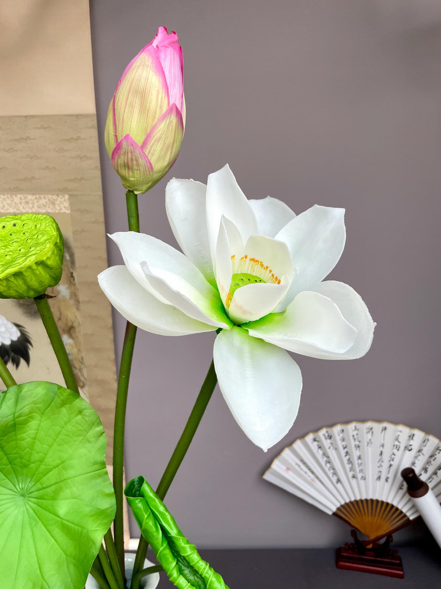 Real Touch Lotus Flower Arrangement 95cm Tall Faux Lotus Stem with Pods Artificial Lotus Bouquet Large Zen Table Decor Silk Flowers white