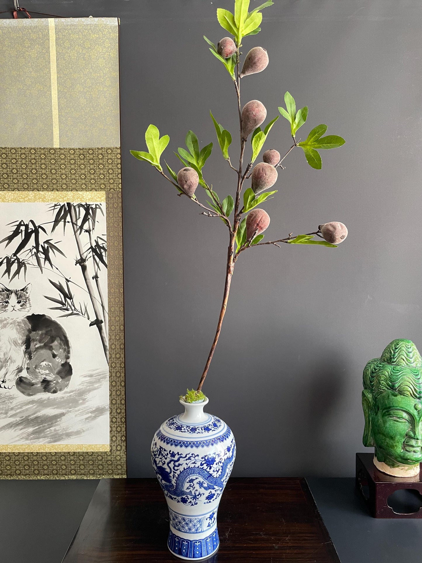 Architectural Faux Greenery Branch | Artisanal Artificial Fig Stem | Unique Botanical Accent for Eclectic Interiors