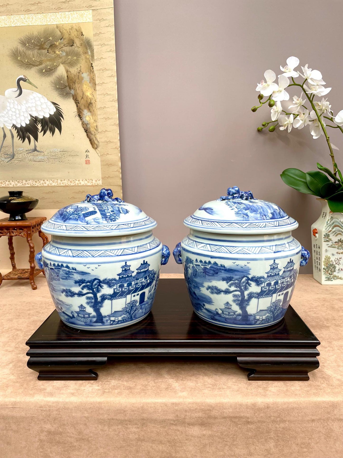 A Pair of Blue & White Porcelain Ginger Jar– Hand-Painted Pagoda Landscape