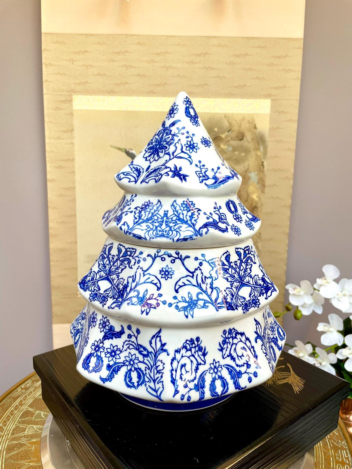 Blue and White Christmas Tree Jar – Two-Tier Lidded Container with Airtight Seal – Holiday Porcelain Decor  Blue & White Christmas Gift