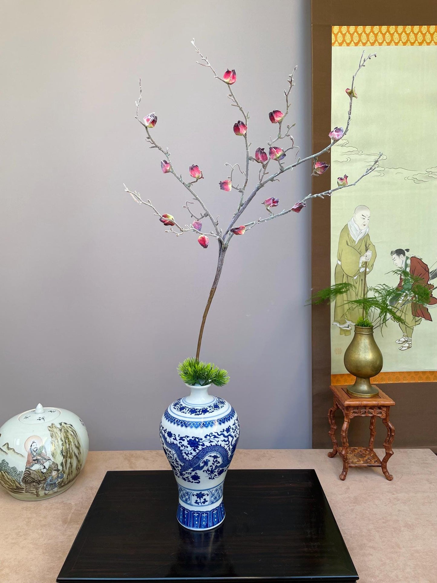 Hand-Crafted Realistic Faux Chinese Lantern Branch - Deep Red & Burgundy Buds - Winter Cherry Stem for Tall Vases Unique indoor Decor