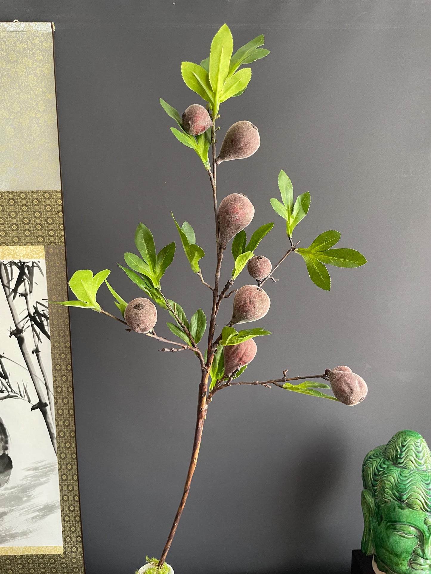 Architectural Faux Greenery Branch | Artisanal Artificial Fig Stem | Unique Botanical Accent for Eclectic Interiors