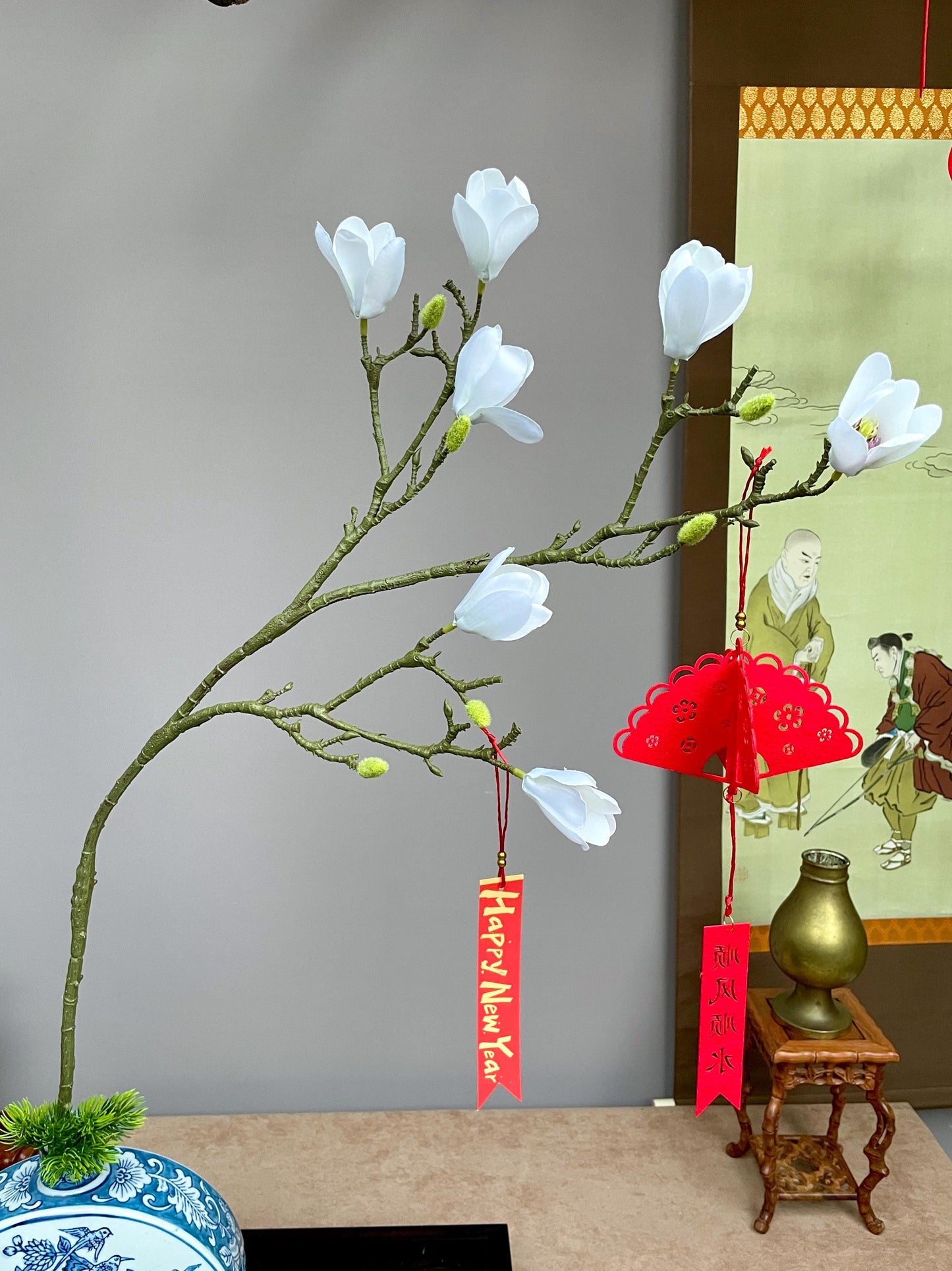 Realistic White Magnolia Branch - Faux Magnolia Denudata Flower Lunar New Year Decor Yulan Jade Orchid Zen Chinese New Year Floral Stem